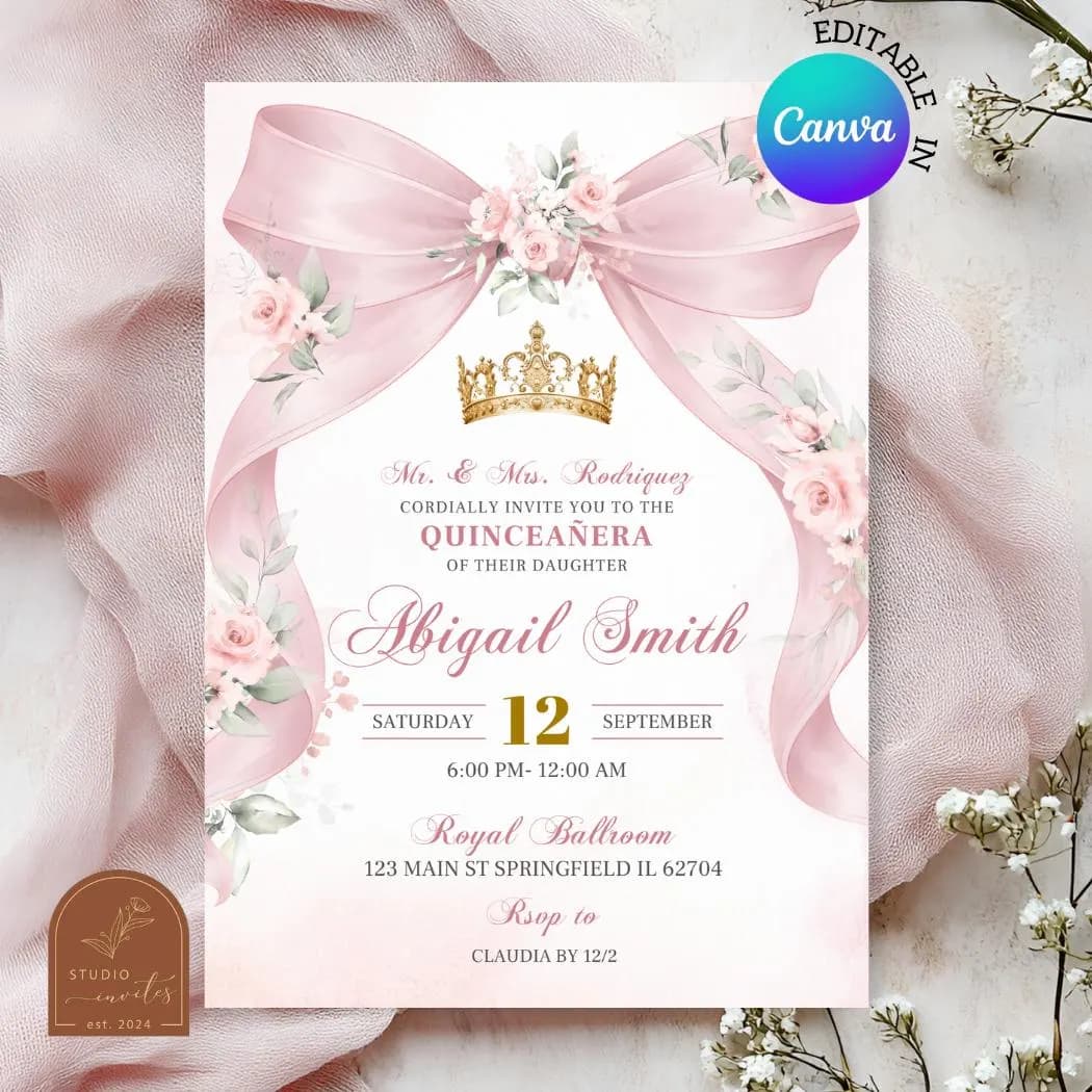 Blush Pink Bow Coquette Floral Quinceanera Invitation, Gold Crown Sweet 16th Invite, Canva Editable Elegant Mis Quince XV Años C227