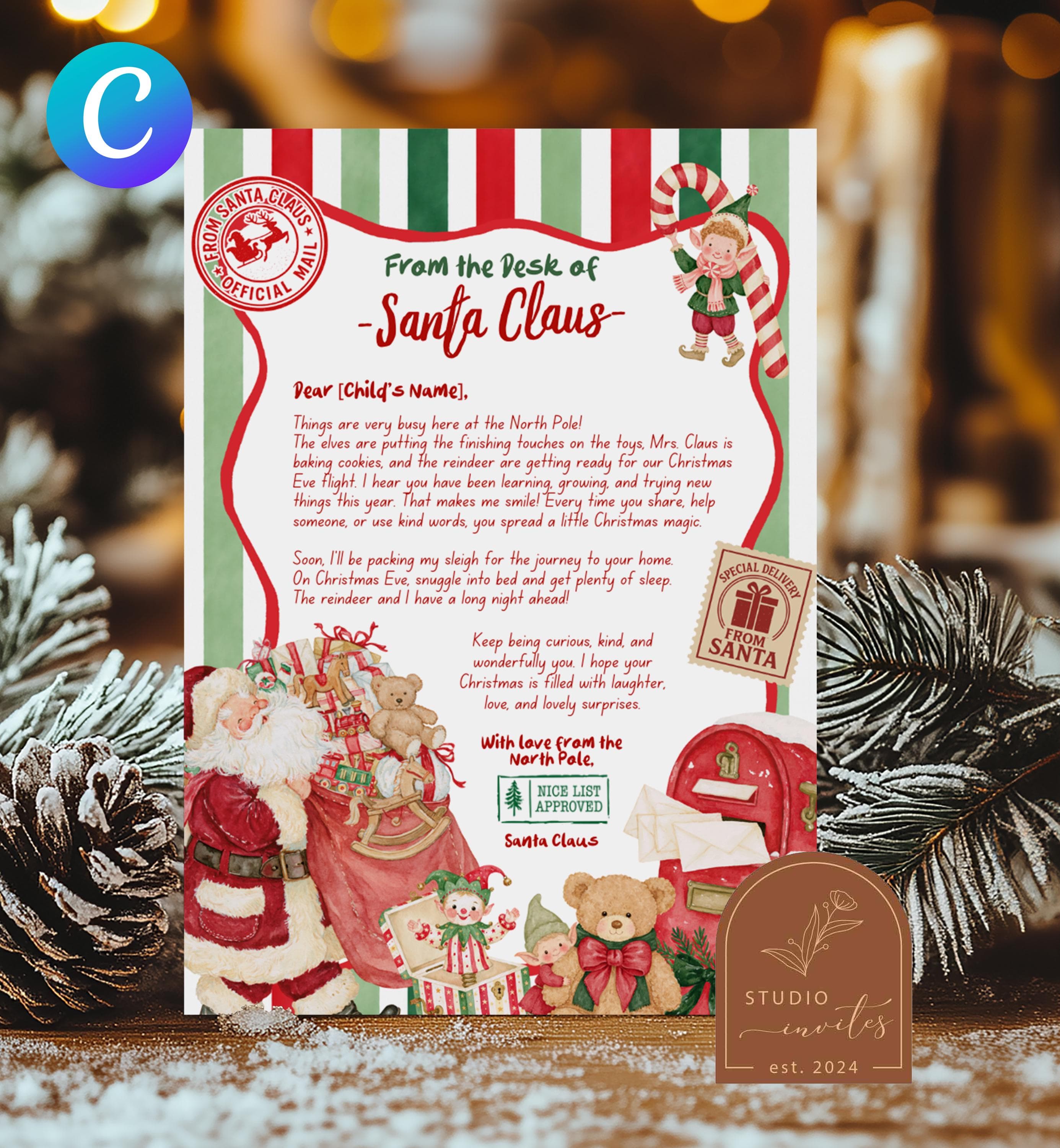 Canva Editable From the desk of Santa Letter, From the North Pole Letter, Christmas Printable Santa Claus letter, Digital Download C276