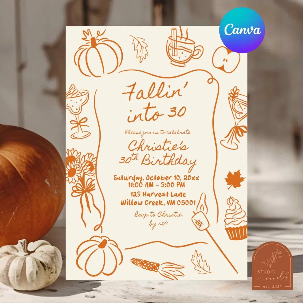 Orange Hand Drawn Fallin into Birthday Invitation,  Pumpkin Any Age Birthday Invite, Canva Editable Autumn Fall Adult Birthday C246
