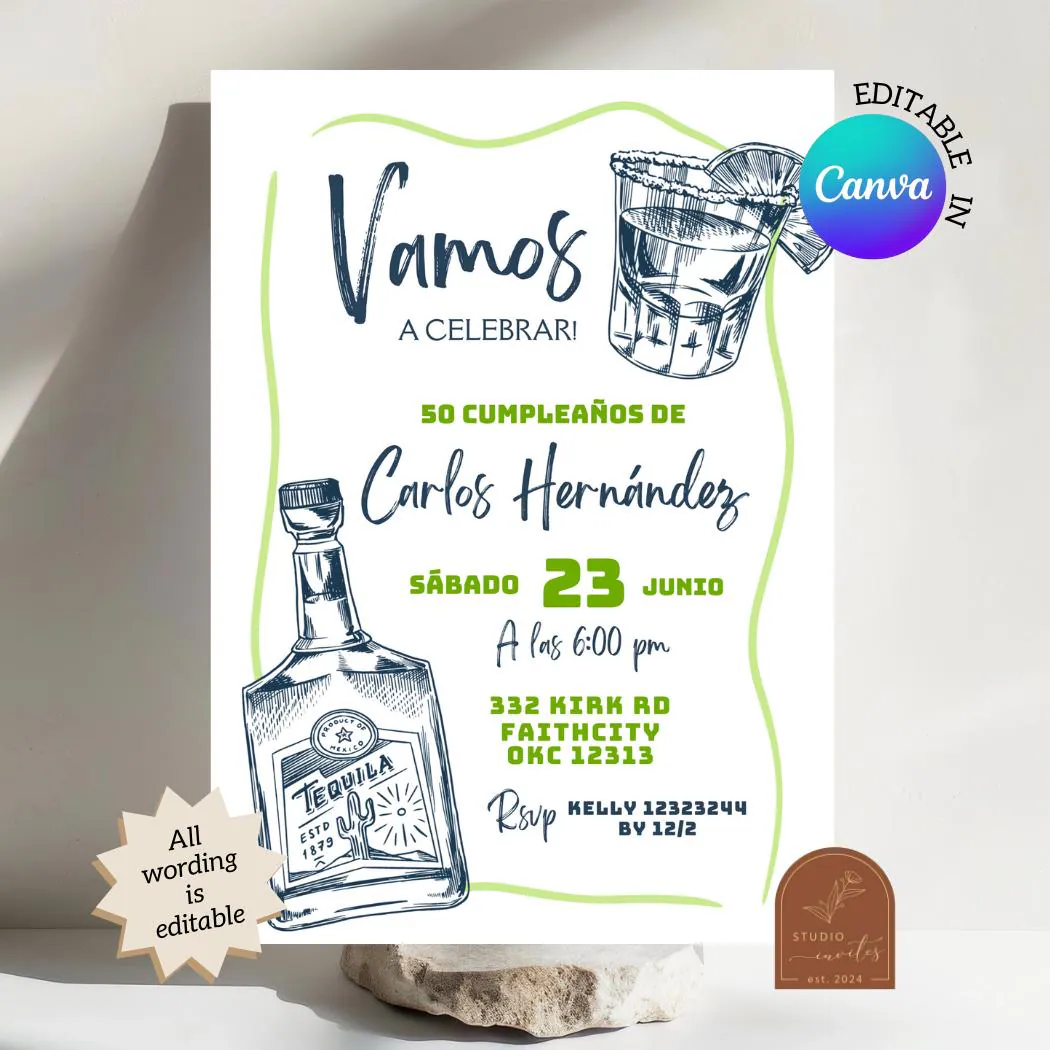 Spanish Mexican Tequila Man Birthday Party Invitation, Fiesta Adult Birthday Invite, Canva editable Template Tequila Birthday Invite AC21