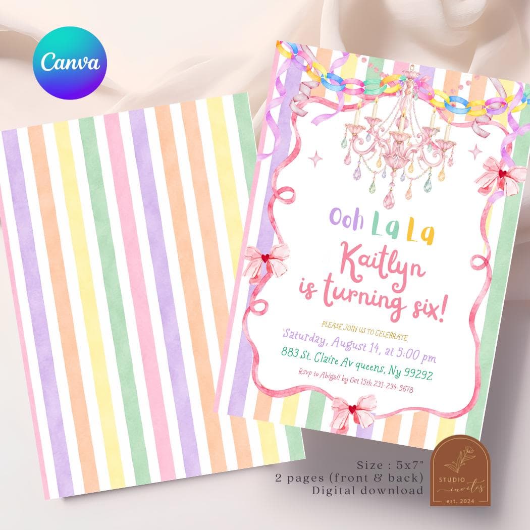 Ooh La La Fancy Birthday Invitation, Whimsy Colorful Pastel Chandelier French Party Invite, Cute Bow Girl Birthday Canva Editable C270 - image 3