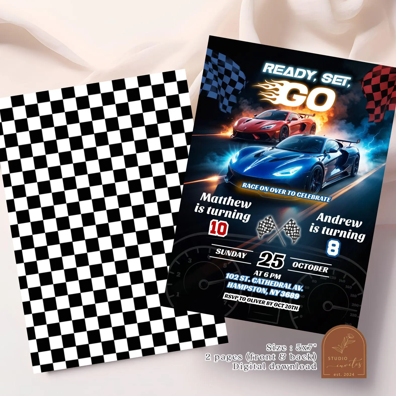 Red and Blue Race Car Joint Birthday Invitation, Fast Racing Car Kids Double Birthday, Start Your Engine Cars Sibling Birthday Party AC39 - image 3