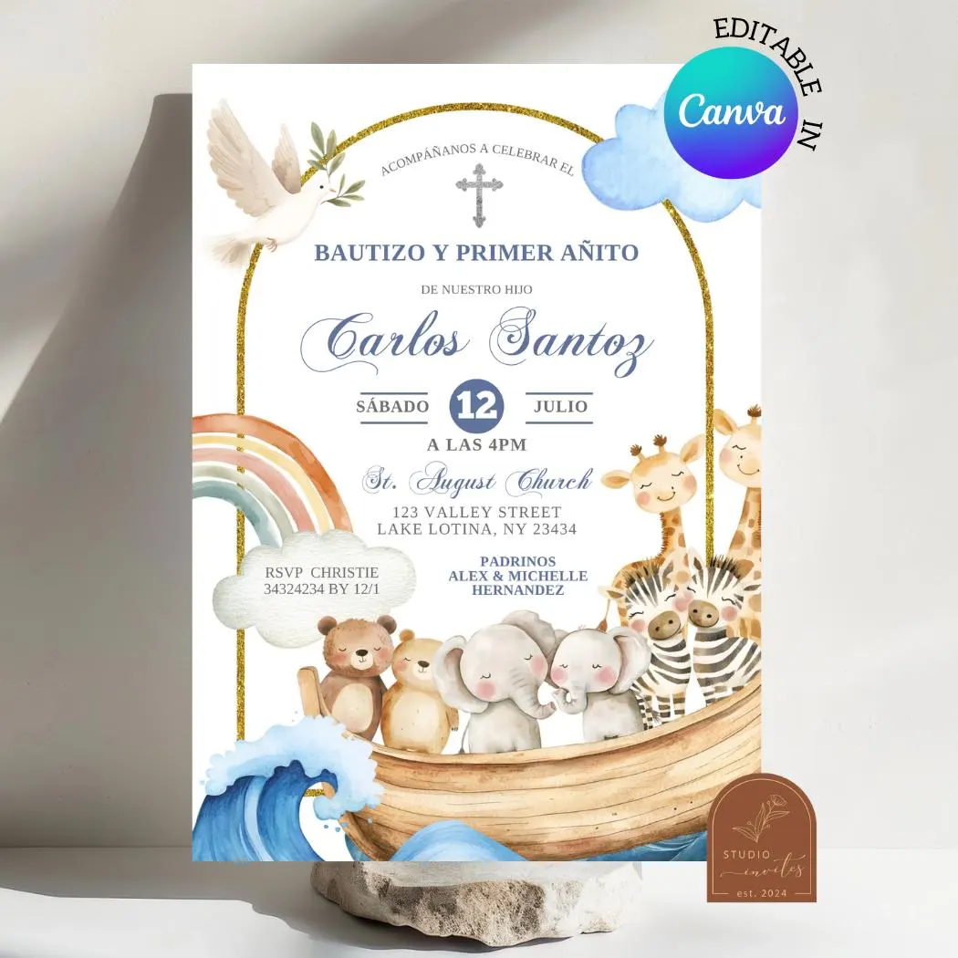 Noah's Ark Baptism Invitation, Bautizo y Primer Anito Invite, Spanish Dove Watercolor Animals Arch Baptism Canva Editable Template C273