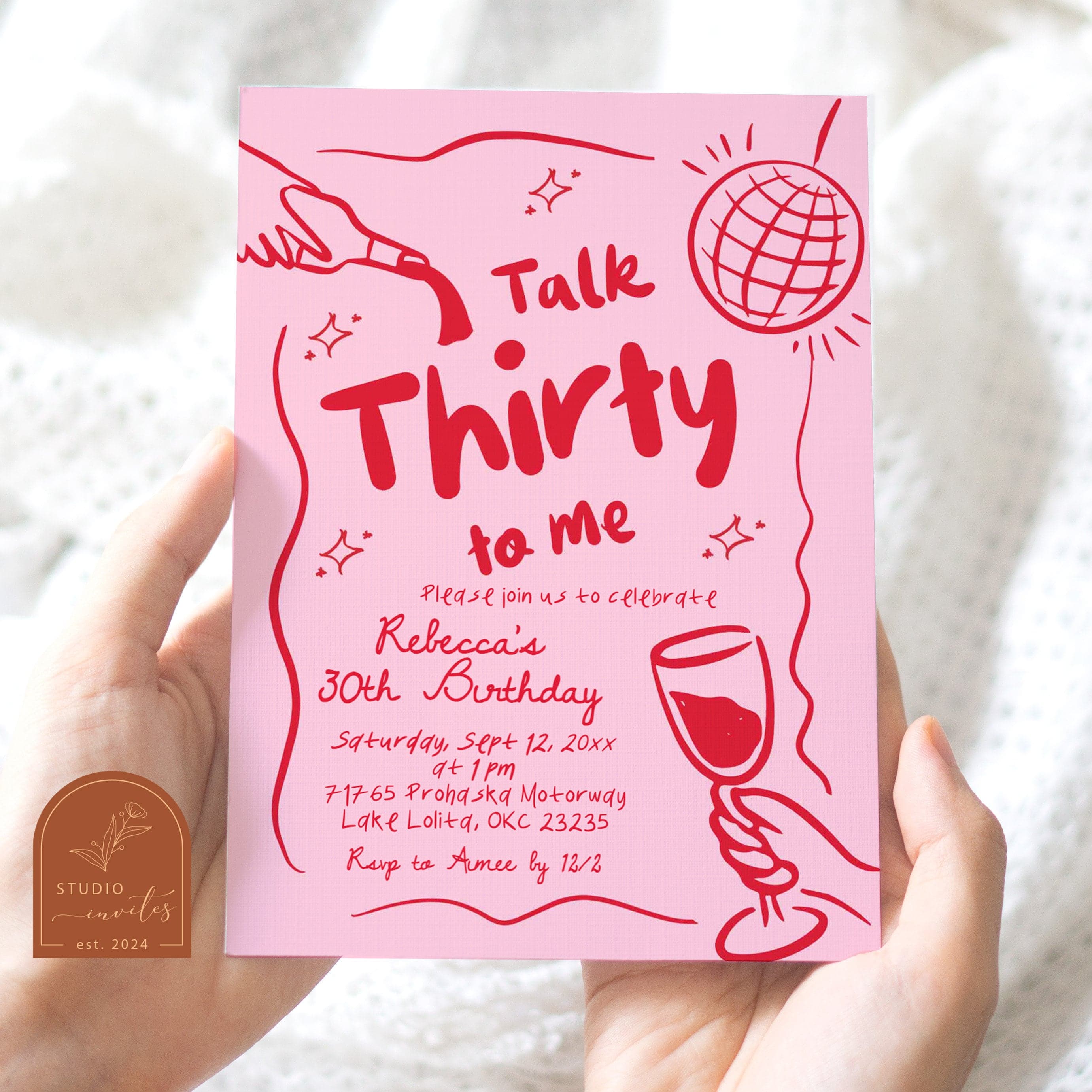 Talk Thirty To Me Women Birthday Party Invitation, Pink and Red Retro Vintage 30th Birthday Invite, Dirty Thirty Birthday Invitation C56