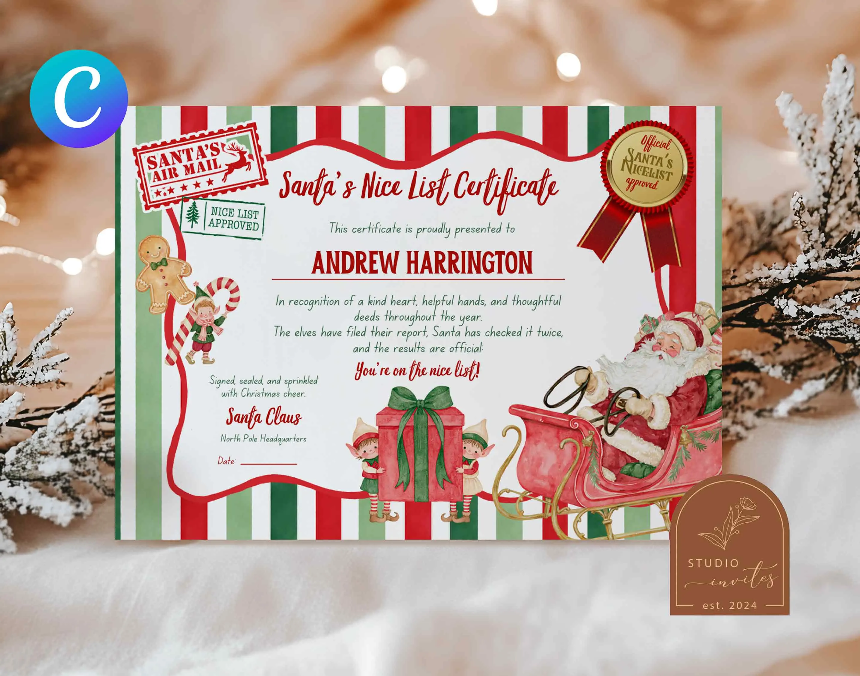 Canva Editable Santa's Nice List Certificate, Christmas Reward, from the North Pole, Christmas Printable Certificate, Canva C276