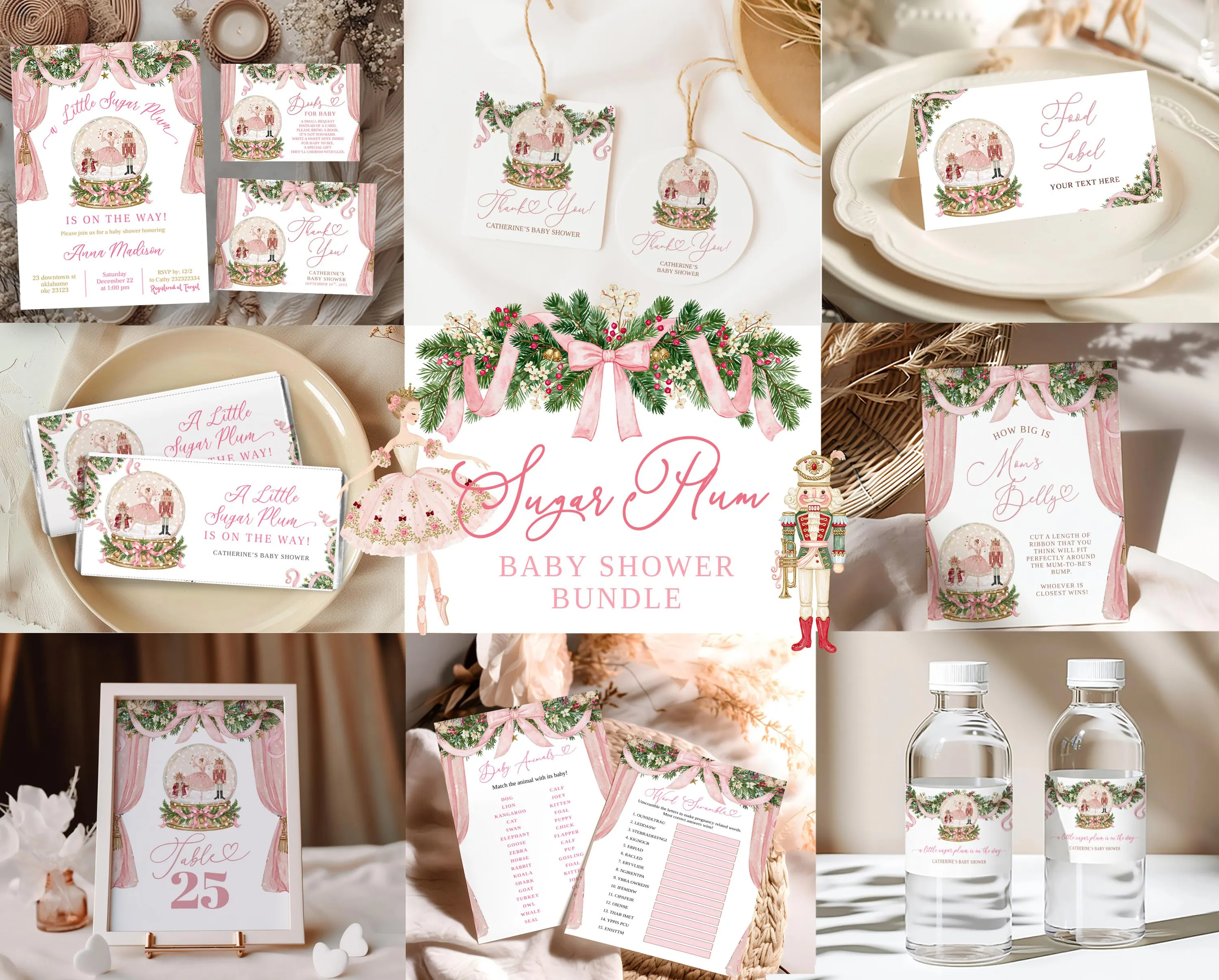 Coquette A Little Sugarplum Baby Shower Invitation Set, Christmas Nutcracker Girl Baby Shower Bundle Set, Editable Canva Baby Shower C274