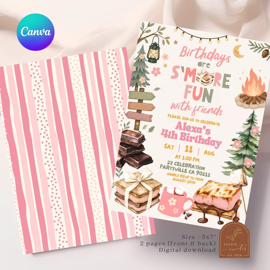 Smores Fun With Friends Girl Birthday Invitation, Adventure Campfire Kids Birthday Invite, Canva Editable Smores Coquette Birthday C237 - image 3