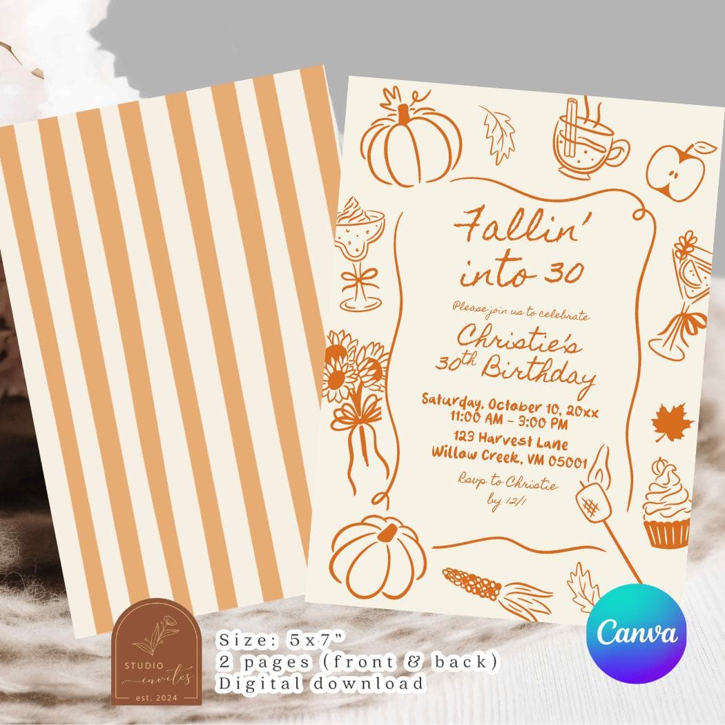 Orange Hand Drawn Fallin into Birthday Invitation,  Pumpkin Any Age Birthday Invite, Canva Editable Autumn Fall Adult Birthday C246 - image 3