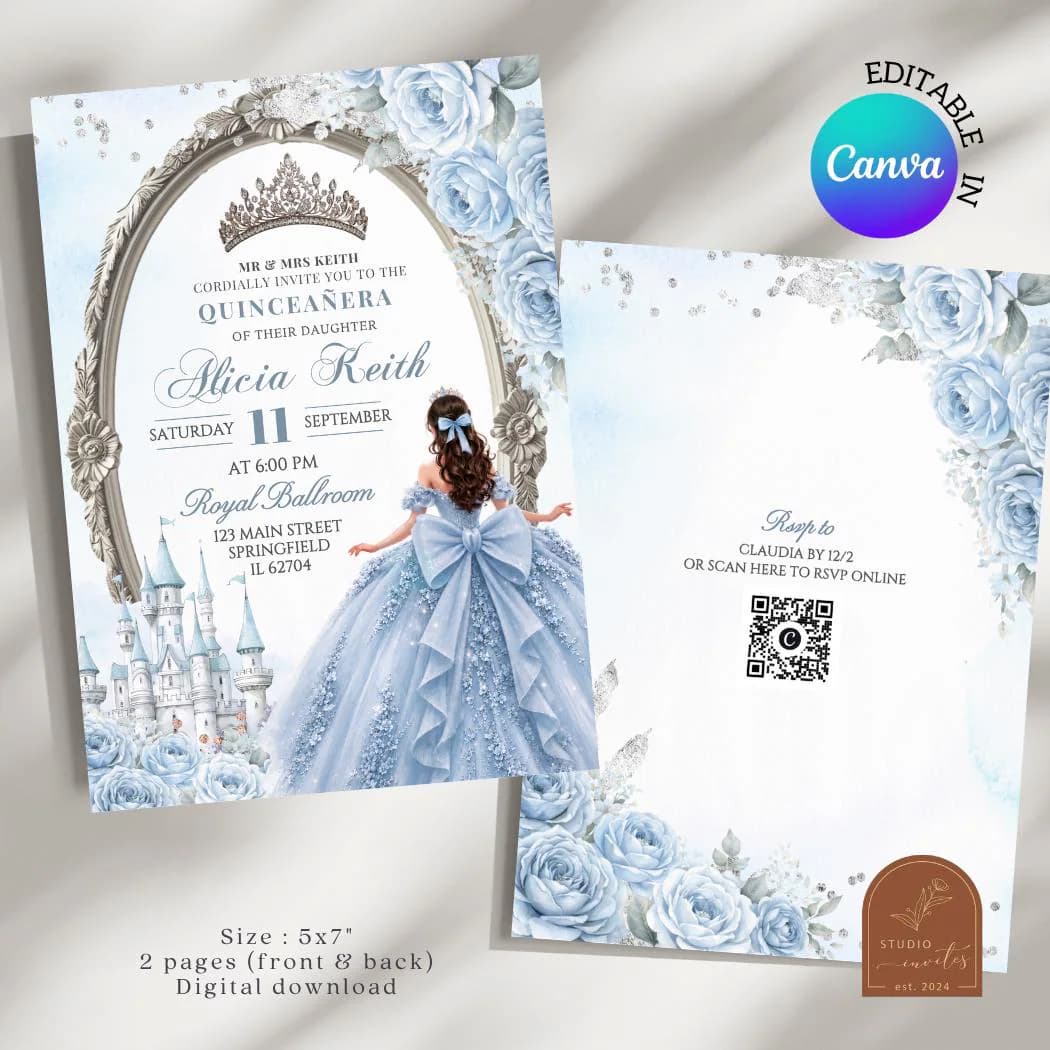 Light Blue Fairytale Princess Quinceanera Invitation, Royal Castle Quinceañera Invite, Canva Editable Silver Crown Mis Quince Tiara Q11 - image 3