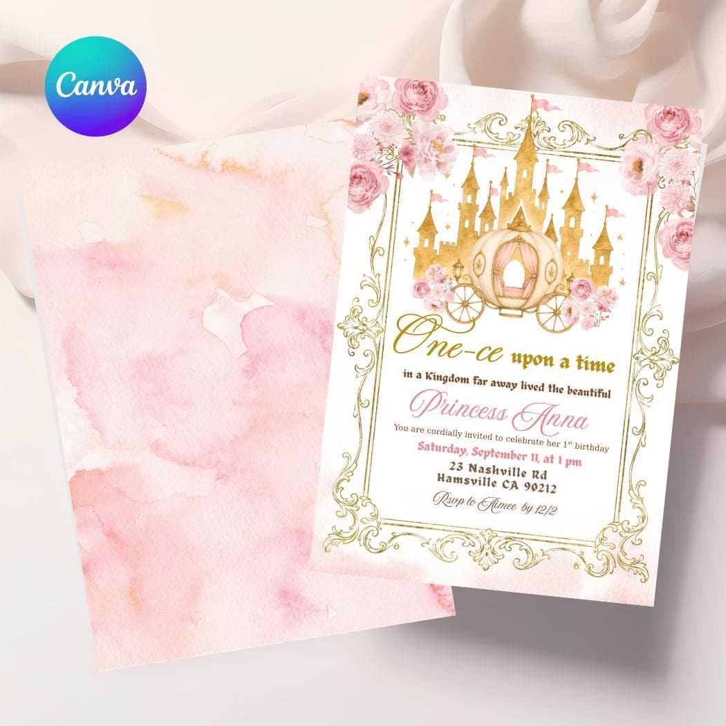 Princess One-ce Upon a Time Birthday Digital Invitation, Editable Canva Template Fairytale Birthday Invite, Girl Birthday Printables C223 - image 3