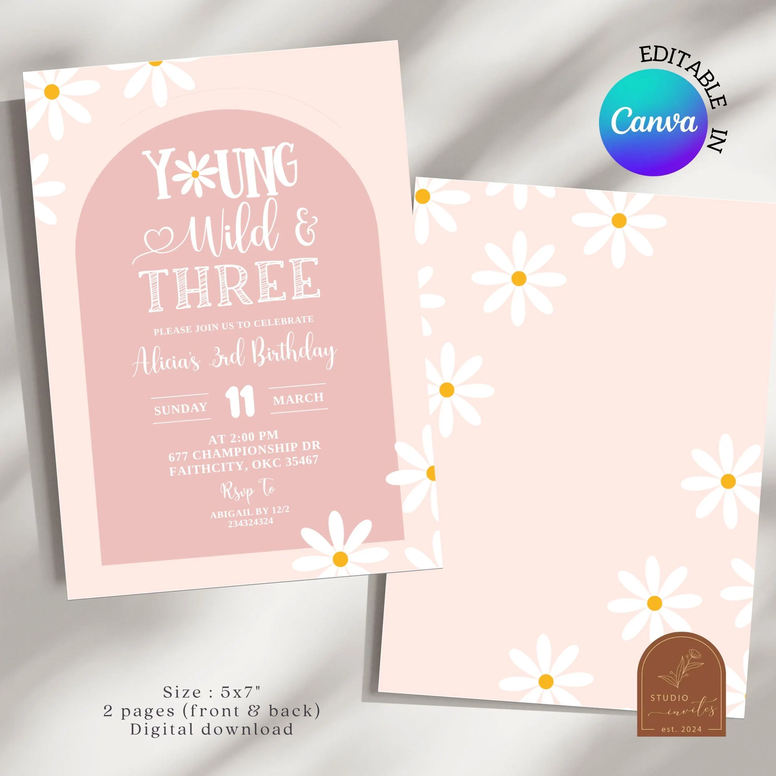 Soft pink daisy 3rd birthday invitation, boho arch pink young, wild, and three invitation, bohemian daisy pink girl birthday invitation C23 - image 3