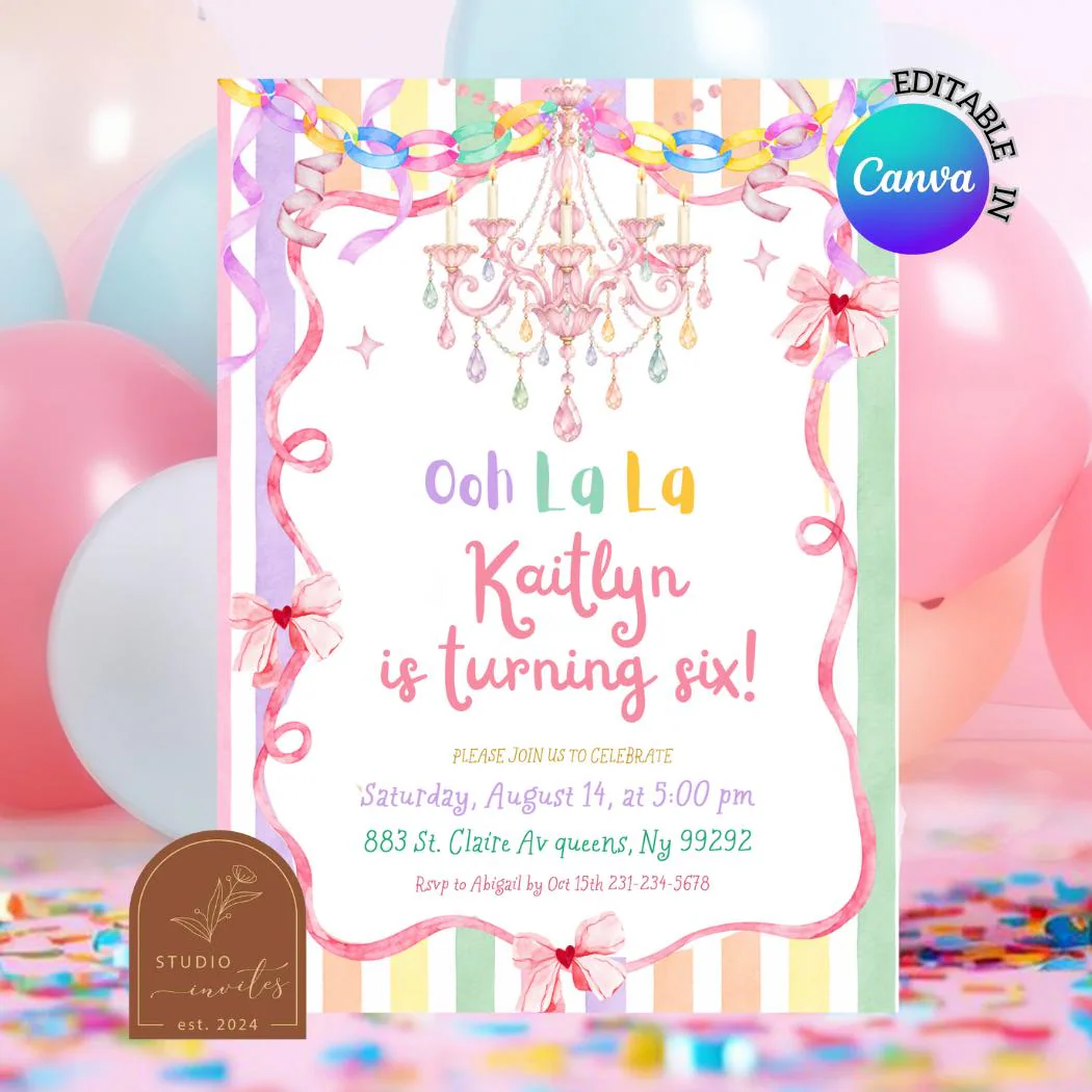 Ooh La La Fancy Birthday Invitation, Whimsy Colorful Pastel Chandelier French Party Invite, Cute Bow Girl Birthday Canva Editable C270