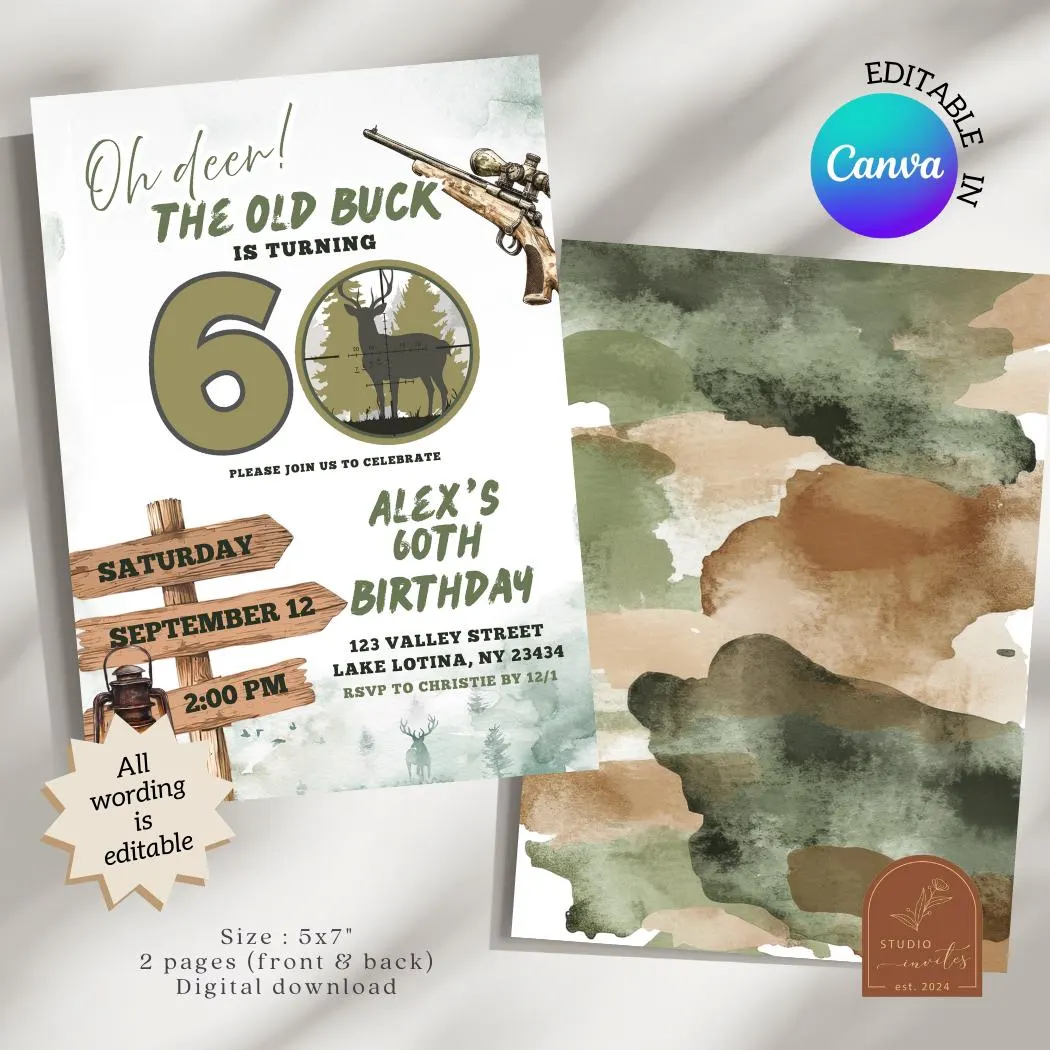 Oh Deer! Hunting Camo Adult Birthday Invitation, The Old Buck Is Turning 60 Birthday Invite, Canva Editable Hunting Theme Birthday C138 - image 3