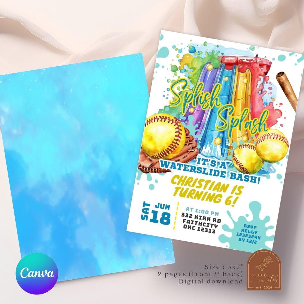 Softball Waterslide Pool Party Birthday Invitation, Summer Splish Splash Pool Party Birthday Invitation, Canva Editable Template, C133 - image 3