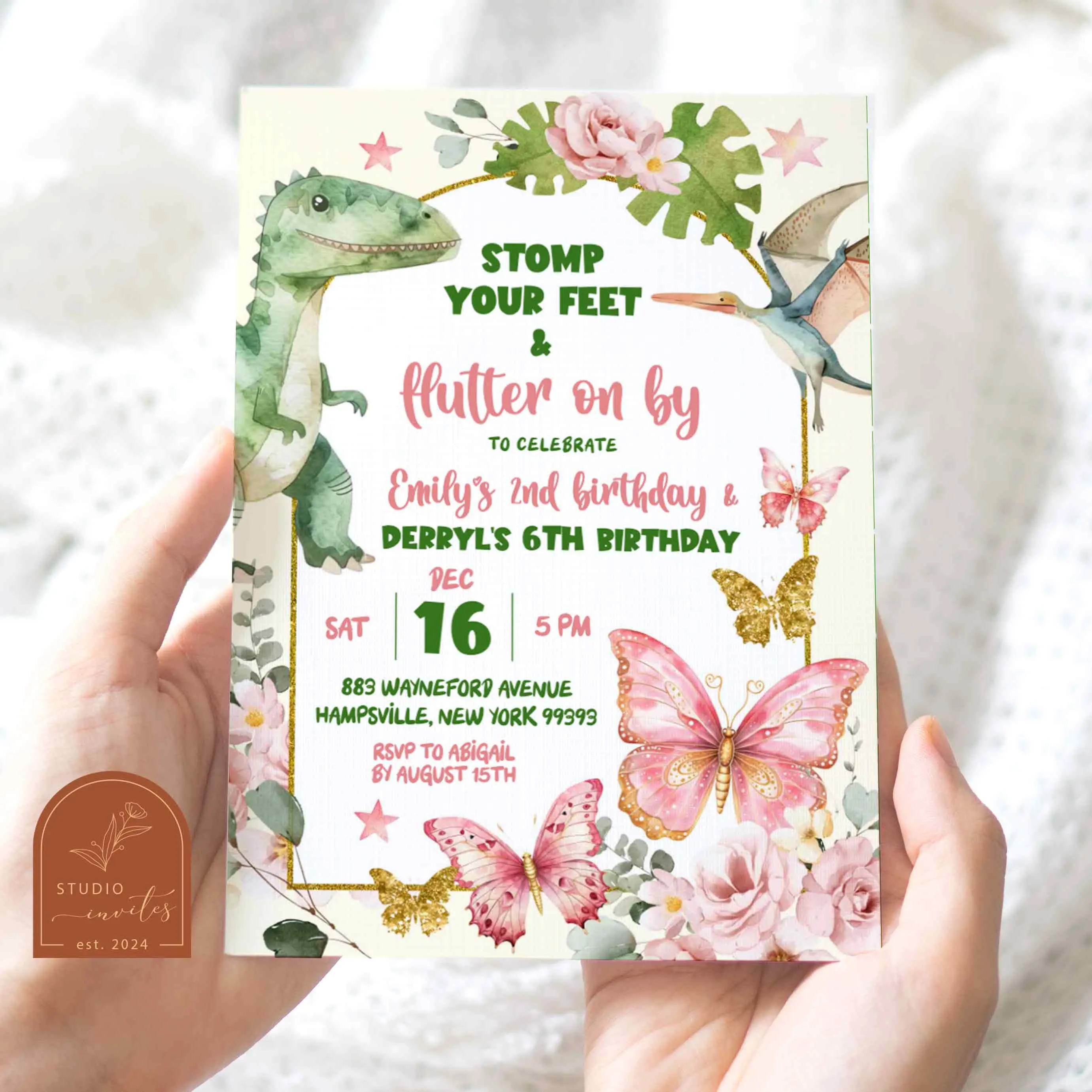 Dinosaurs and Butterflies Joint Sibling Birthday Party, Floral Fairy Boy and Girl Kids Joint Party, Dino Butterfly Twins Double Birthday C58