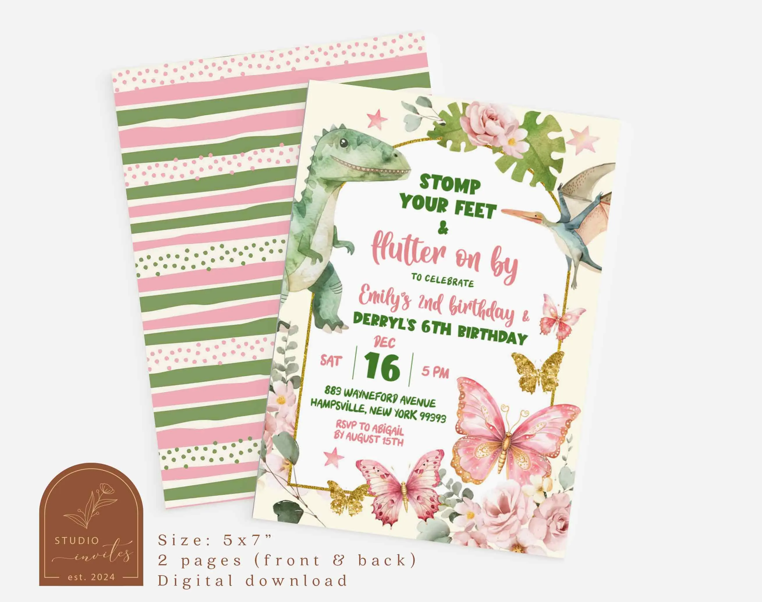 Dinosaurs and Butterflies Joint Sibling Birthday Party, Floral Fairy Boy and Girl Kids Joint Party, Dino Butterfly Twins Double Birthday C58 - image 2