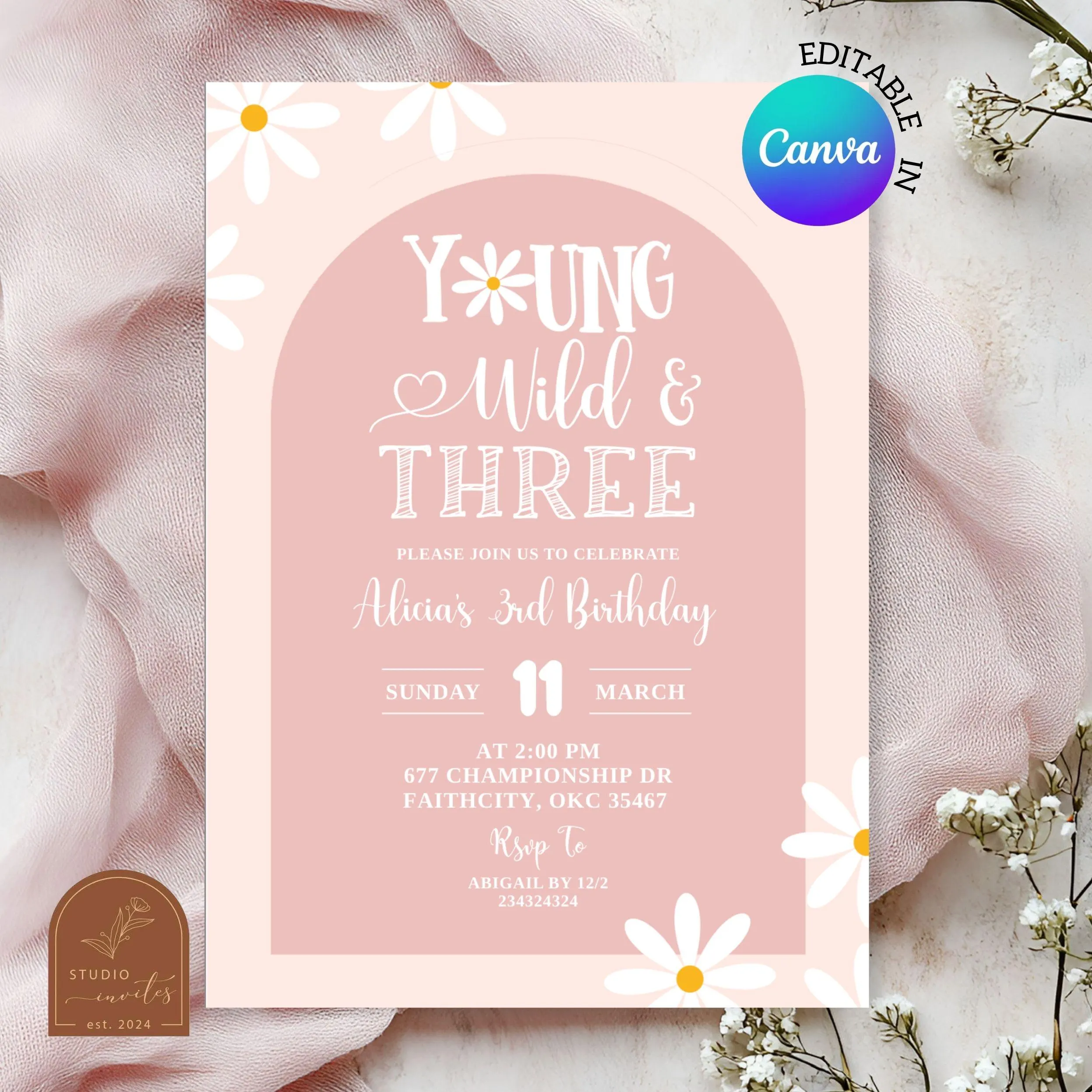 Soft pink daisy 3rd birthday invitation, boho arch pink young, wild, and three invitation, bohemian daisy pink girl birthday invitation C23