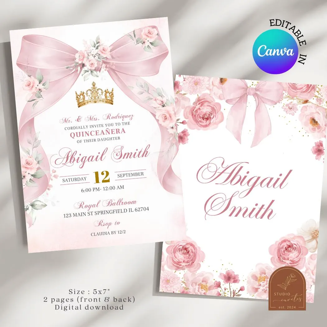 Blush Pink Bow Coquette Floral Quinceanera Invitation, Gold Crown Sweet 16th Invite, Canva Editable Elegant Mis Quince XV Años C227 - image 2