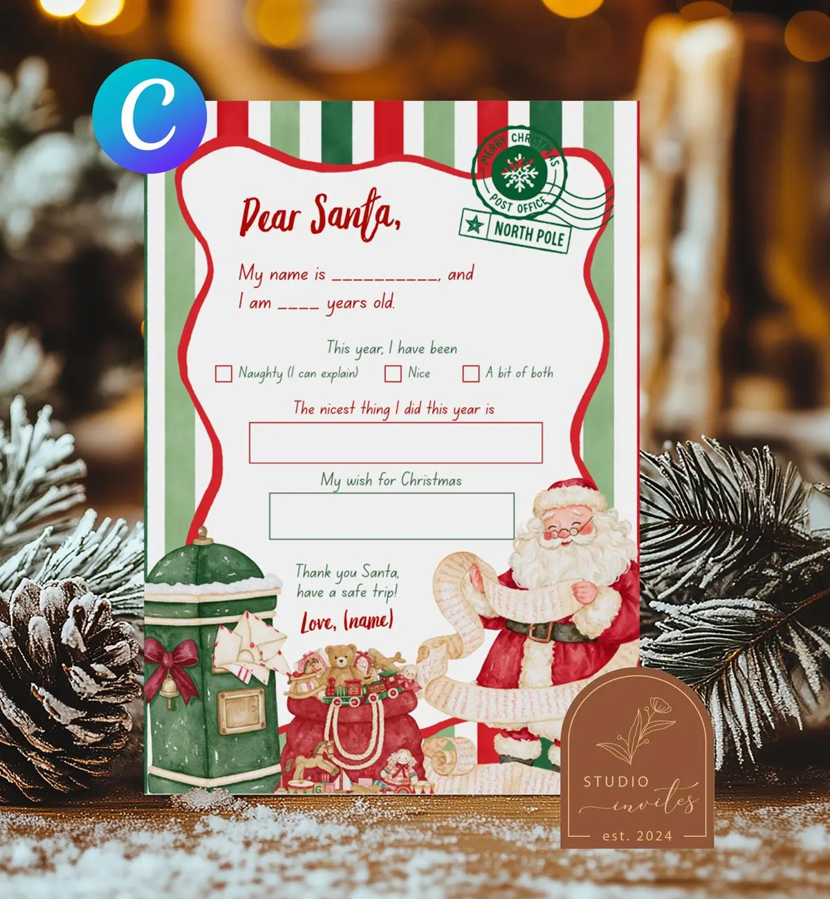 Canva Editable Dear Santa Christmas Wish List, North Pole Christmas Letter to Santa, Digital Christmas Printable Santa Claus Letter C276