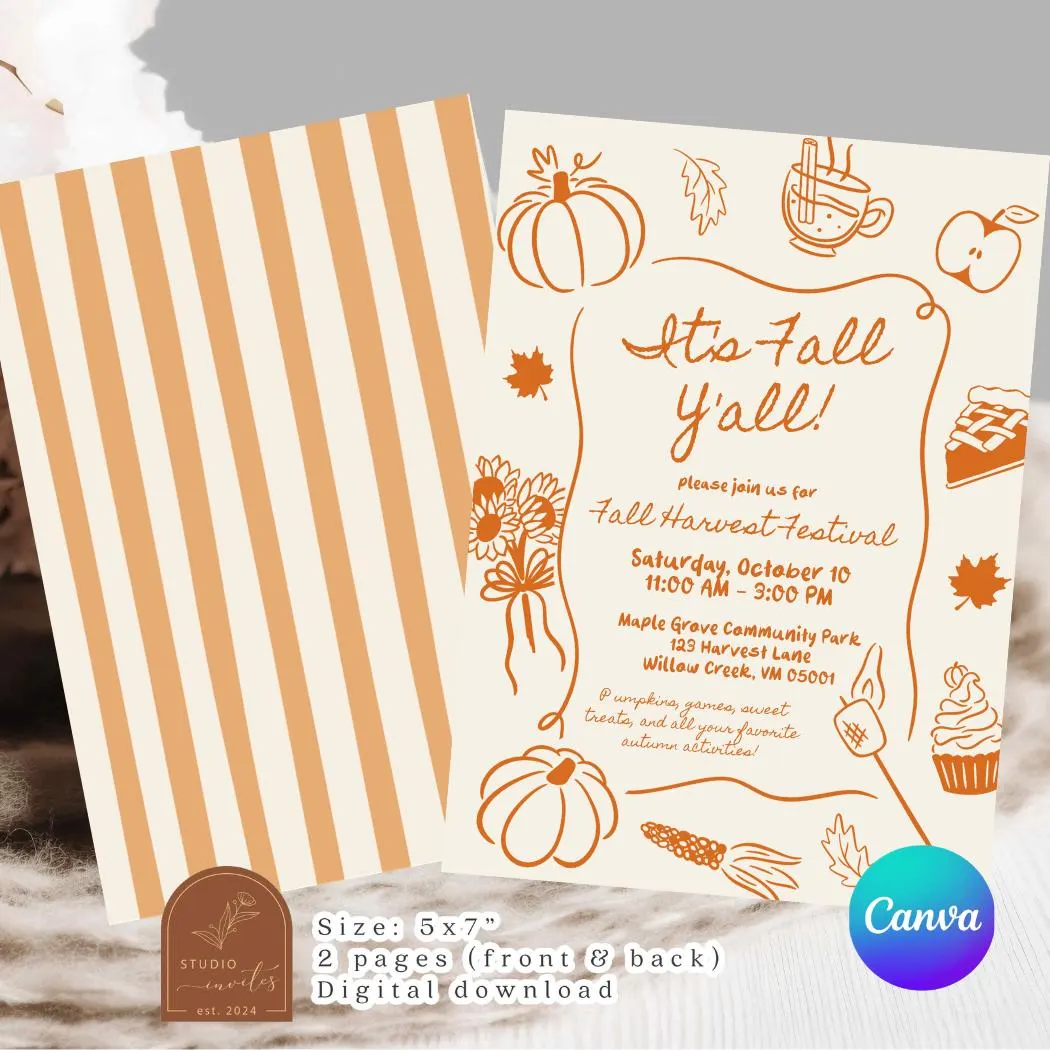 Hand Drawn Fall Festival Invitation, Orange Annual Harvest Fall Party Invitation, Canva Editable Modern Fall Festival Pumpkin Patch C246 - image 3