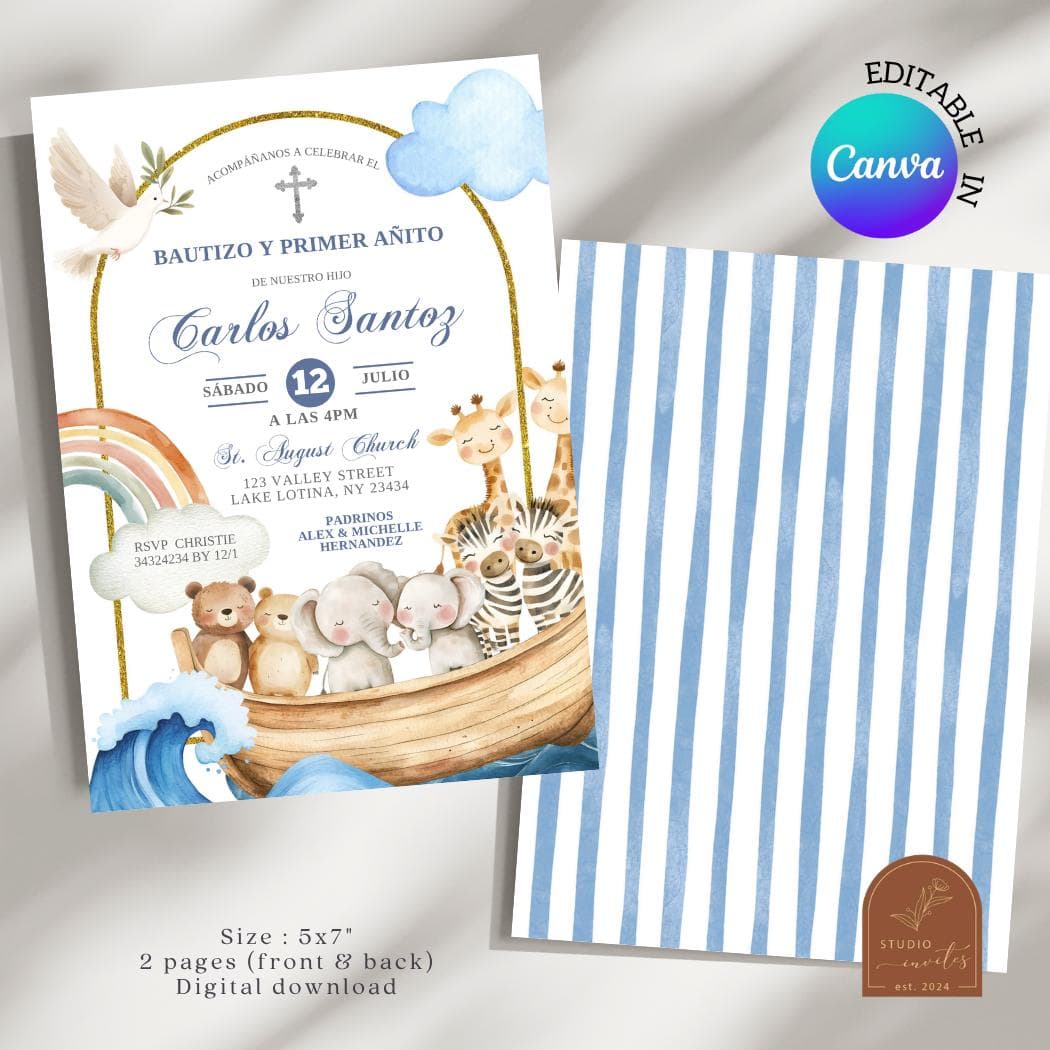 Noah's Ark Baptism Invitation, Bautizo y Primer Anito Invite, Spanish Dove Watercolor Animals Arch Baptism Canva Editable Template C273 - image 3
