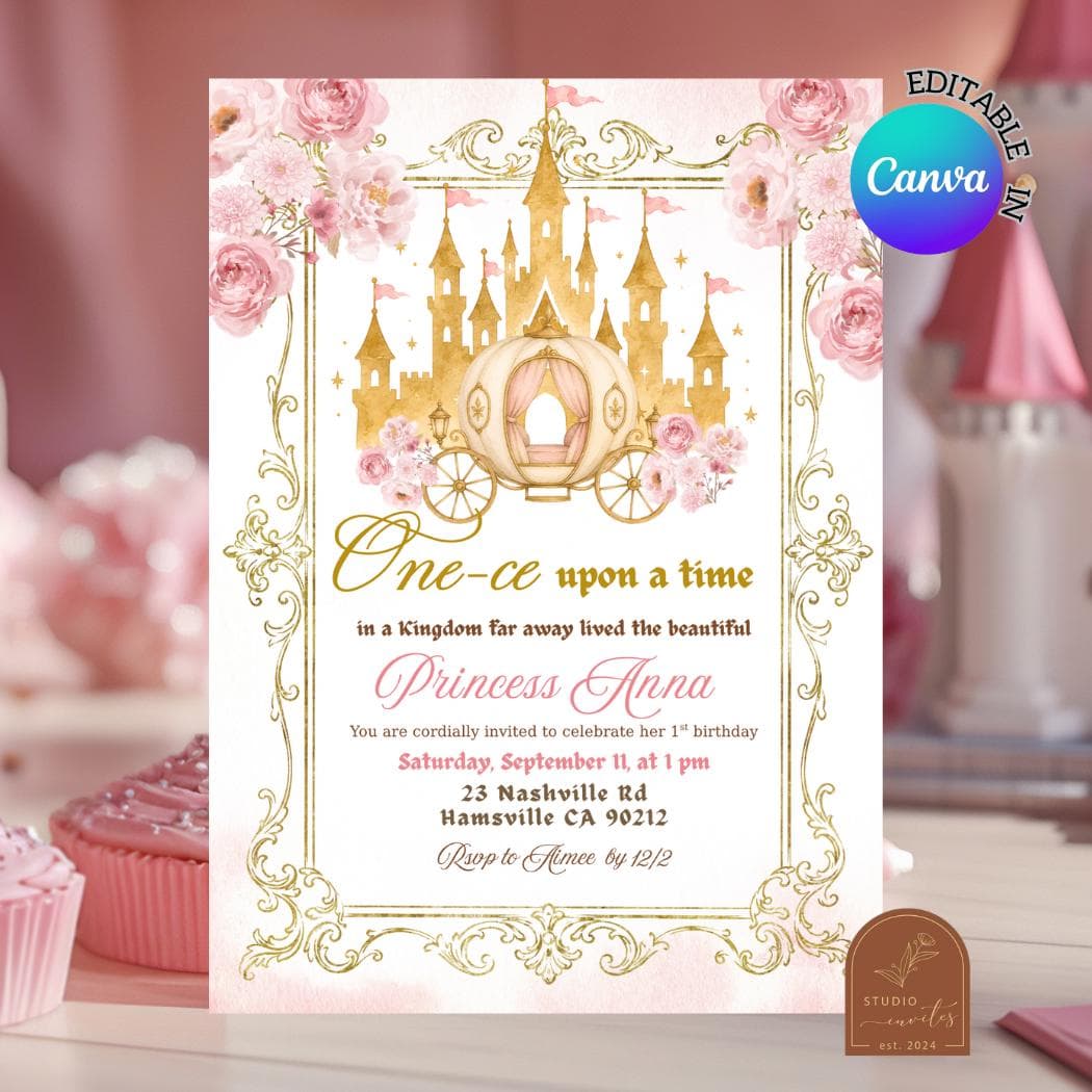 Princess One-ce Upon a Time Birthday Digital Invitation, Editable Canva Template Fairytale Birthday Invite, Girl Birthday Printables C223