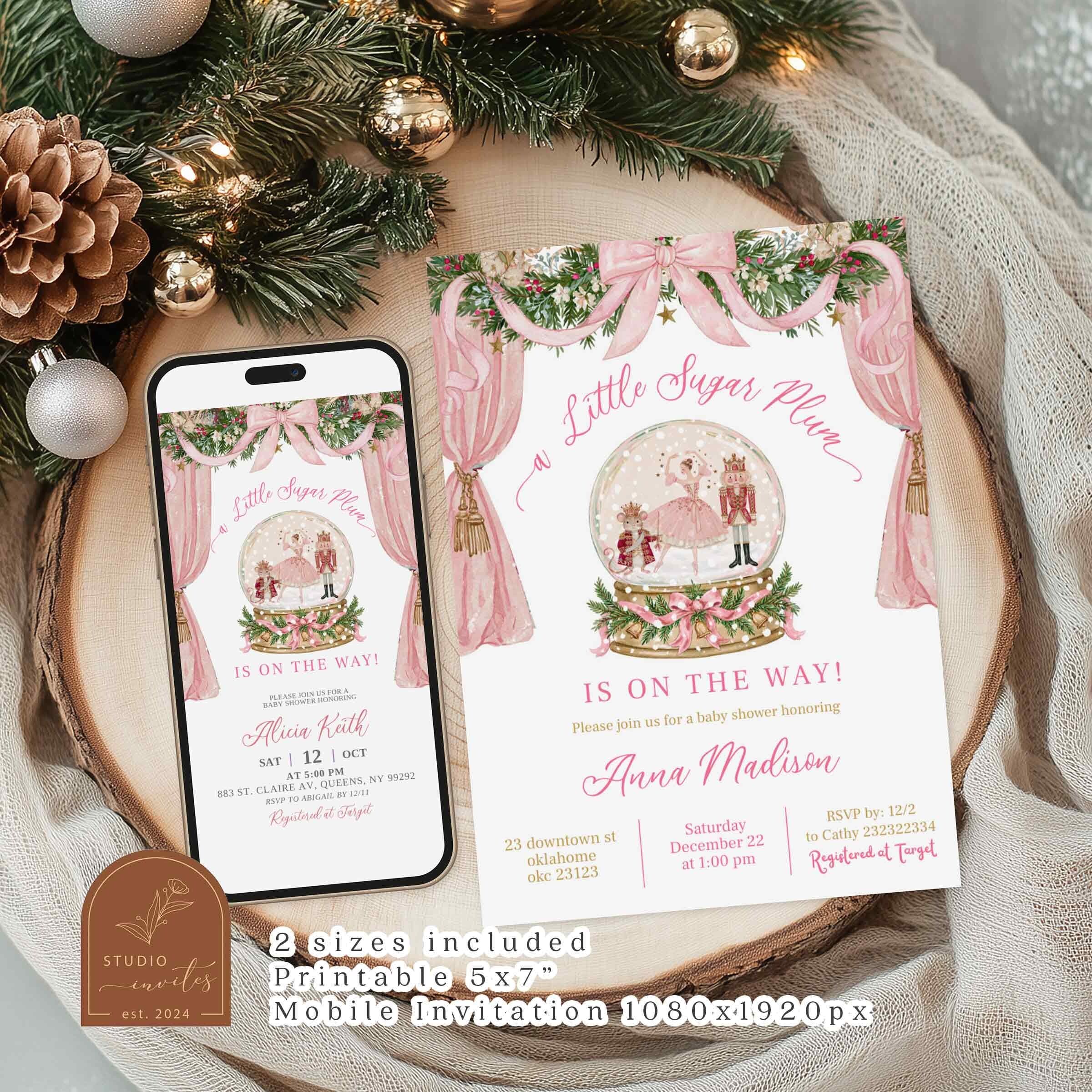 Coquette A Little Sugarplum Baby Shower Invitation Set, Christmas Nutcracker Girl Baby Shower Bundle Set, Editable Canva Baby Shower C274 - image 3