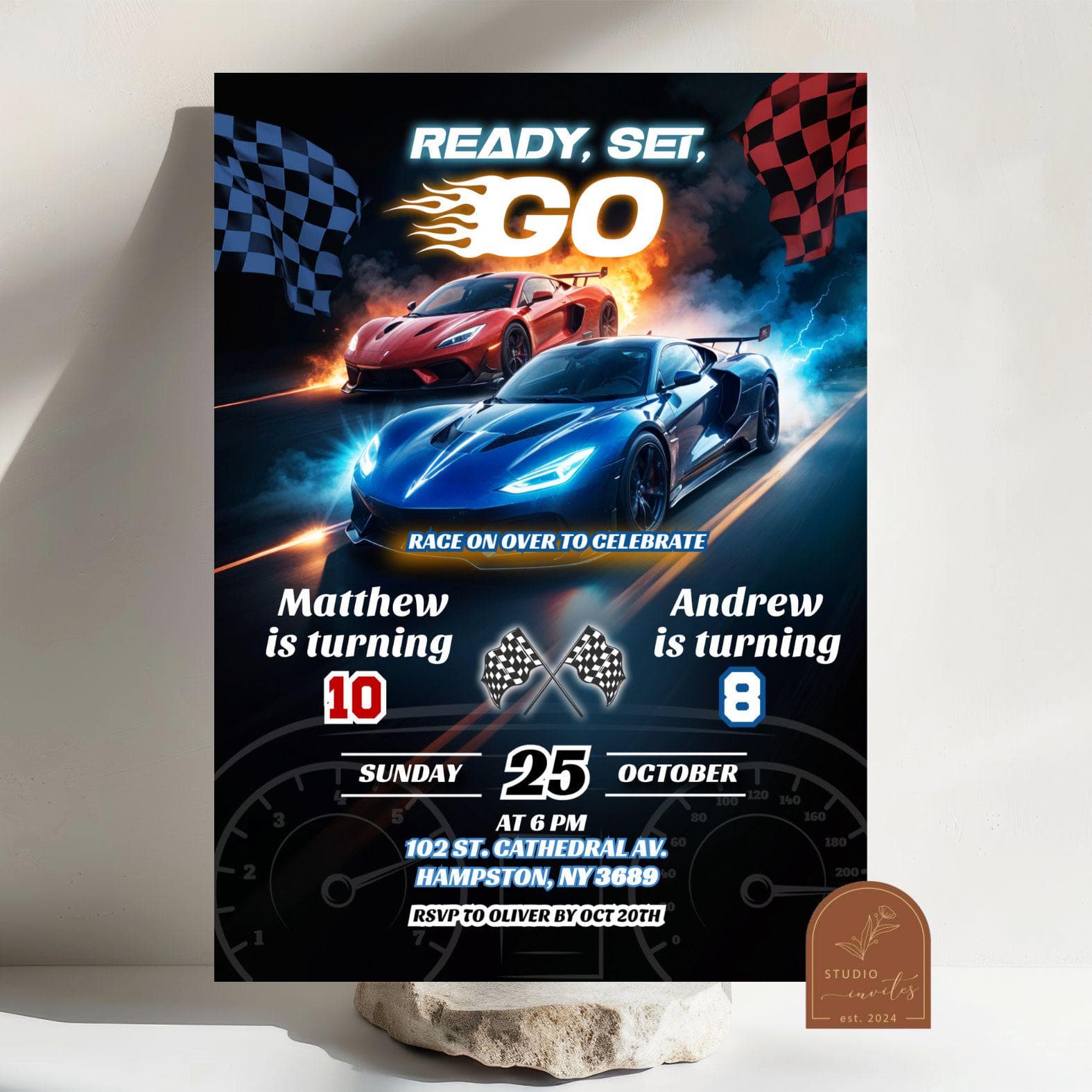 Red and Blue Race Car Joint Birthday Invitation, Fast Racing Car Kids Double Birthday, Start Your Engine Cars Sibling Birthday Party AC39