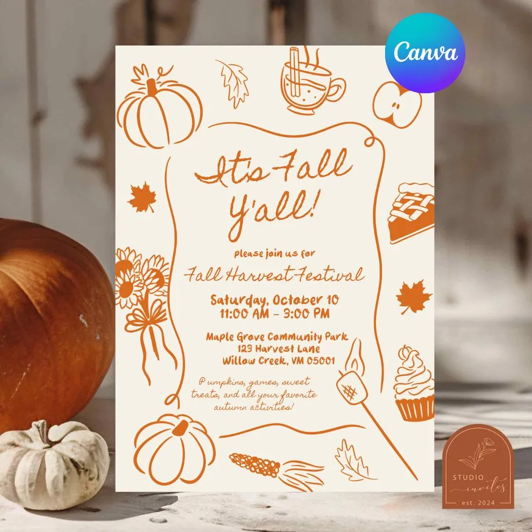 Hand Drawn Fall Festival Invitation, Orange Annual Harvest Fall Party Invitation, Canva Editable Modern Fall Festival Pumpkin Patch C246