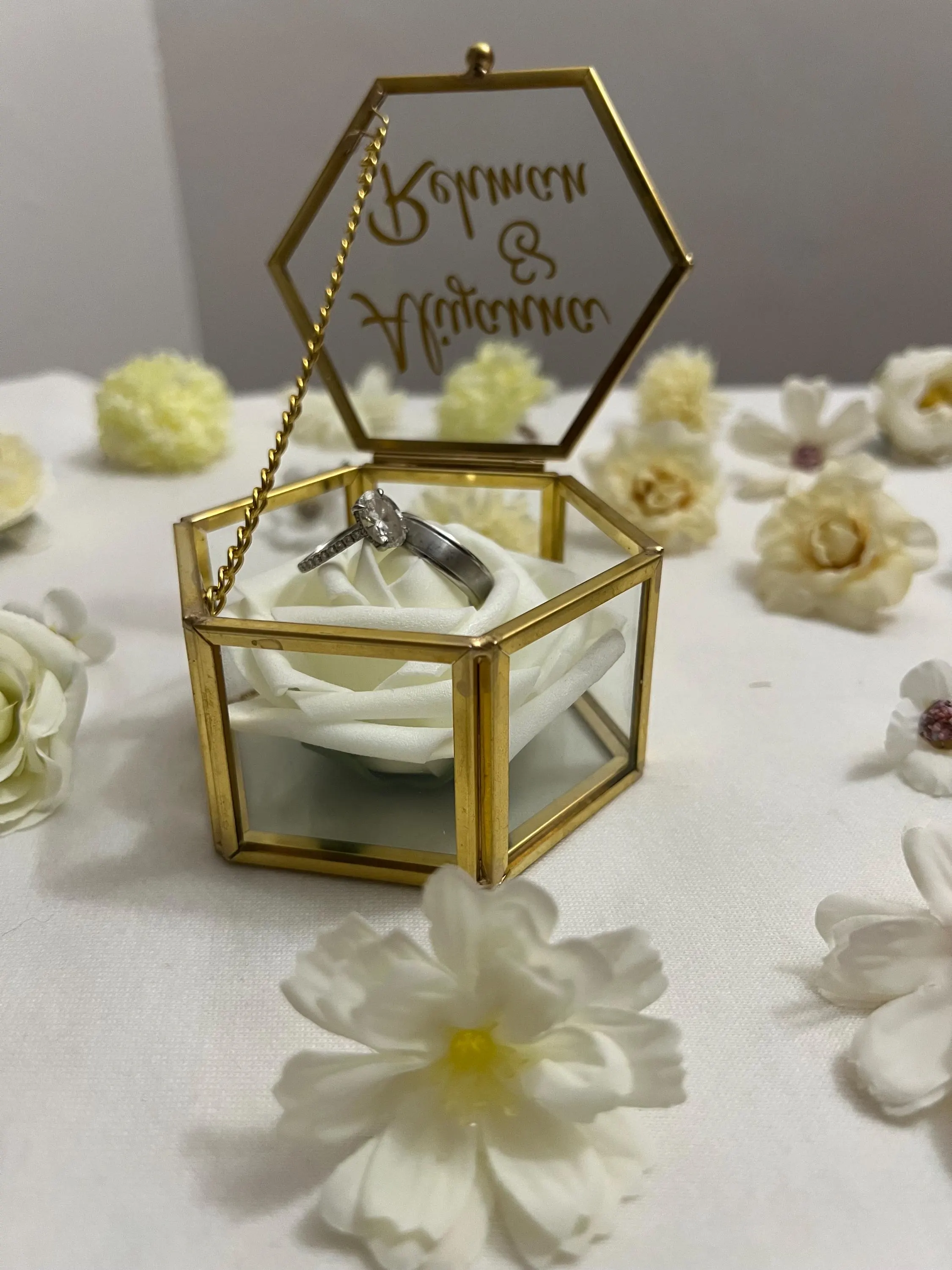 Custom Hexagon Glass Ring Box: Wedding Engagement Nikkah