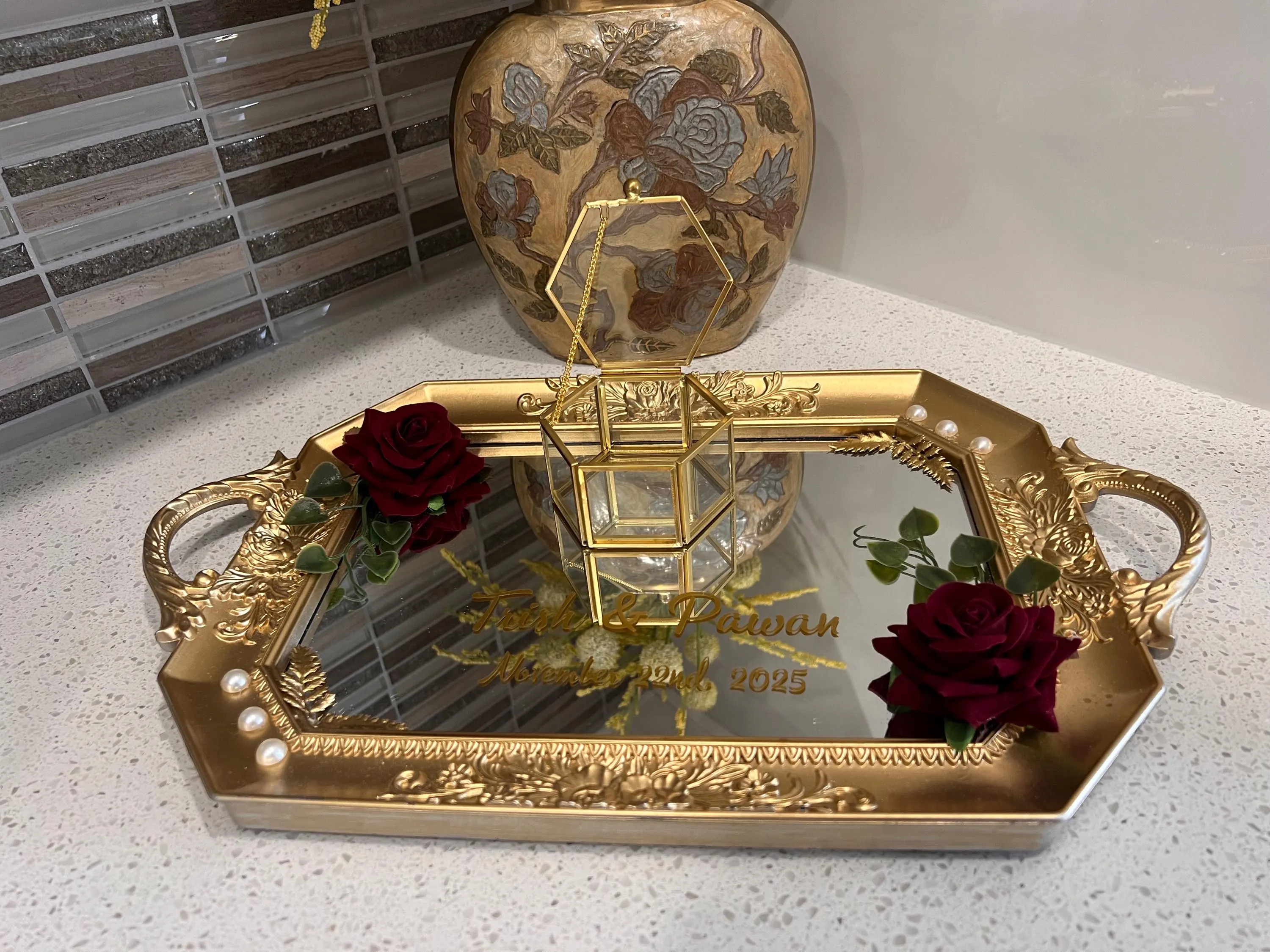 Custom Gold Ring Tray - with Maroon flowers - Wedding Decor - image 4