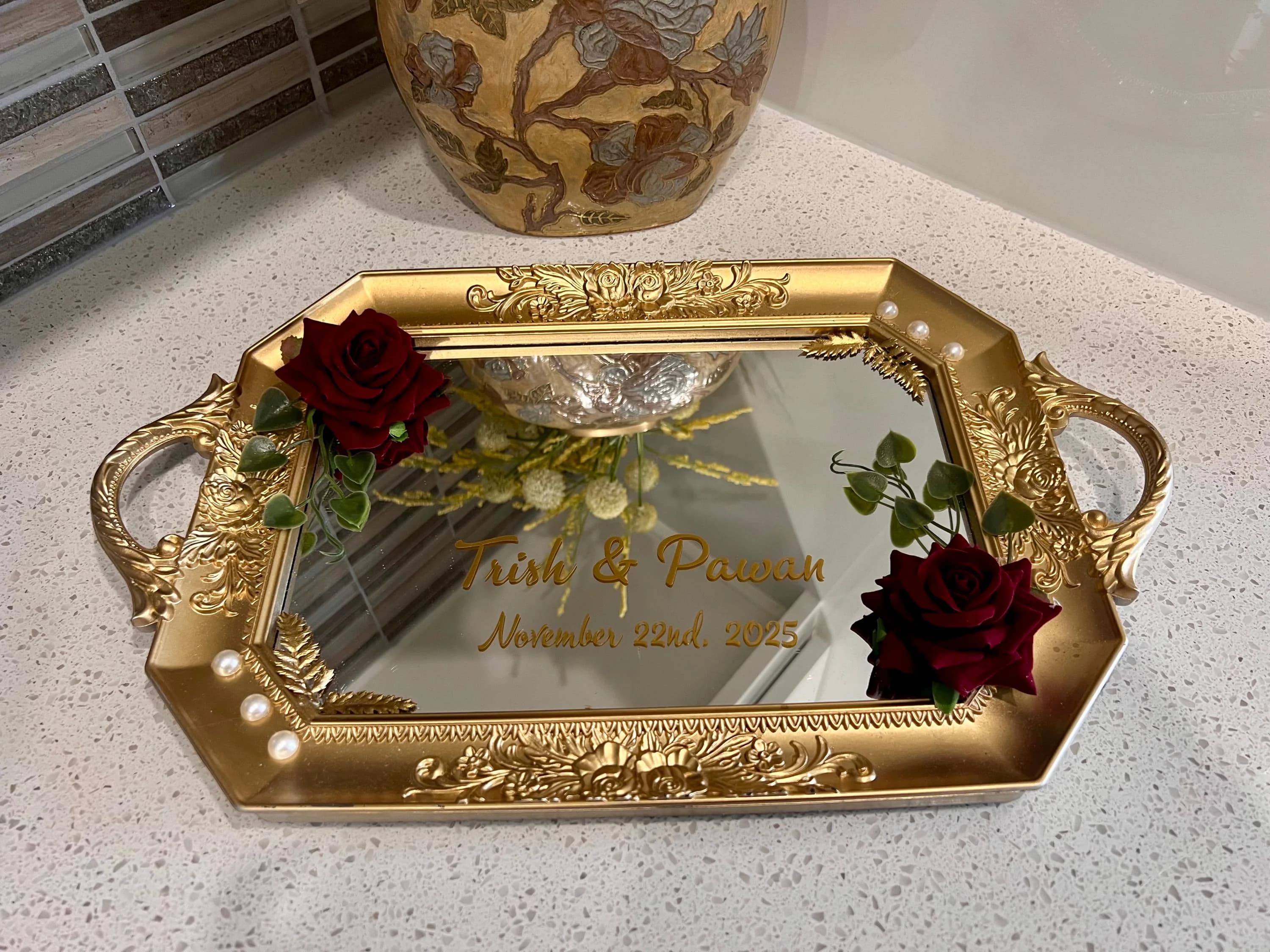 Custom Gold Ring Tray - with Maroon flowers - Wedding Decor