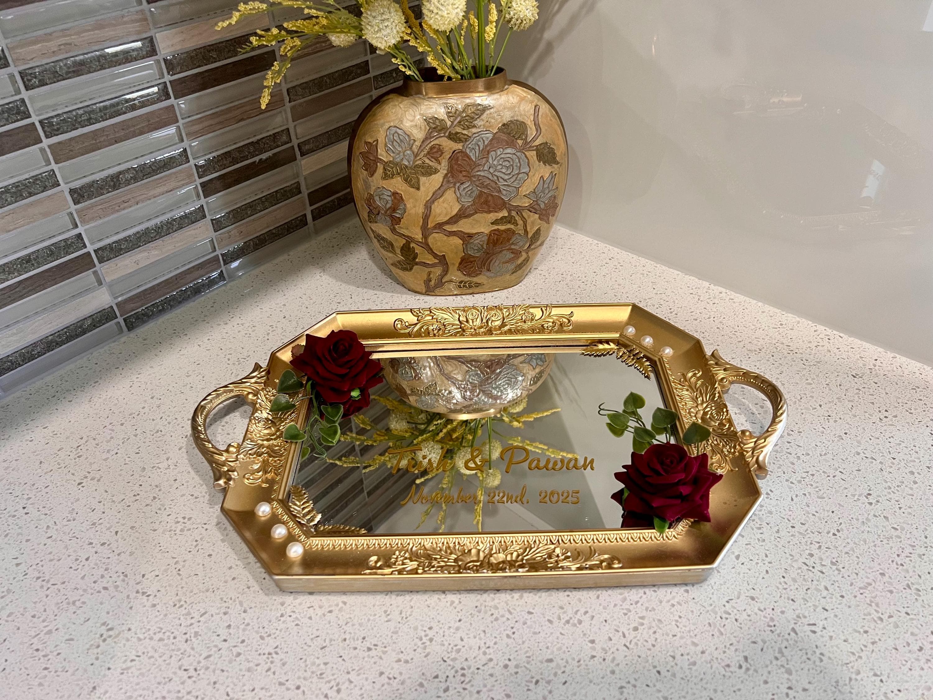 Custom Gold Ring Tray - with Maroon flowers - Wedding Decor - image 3
