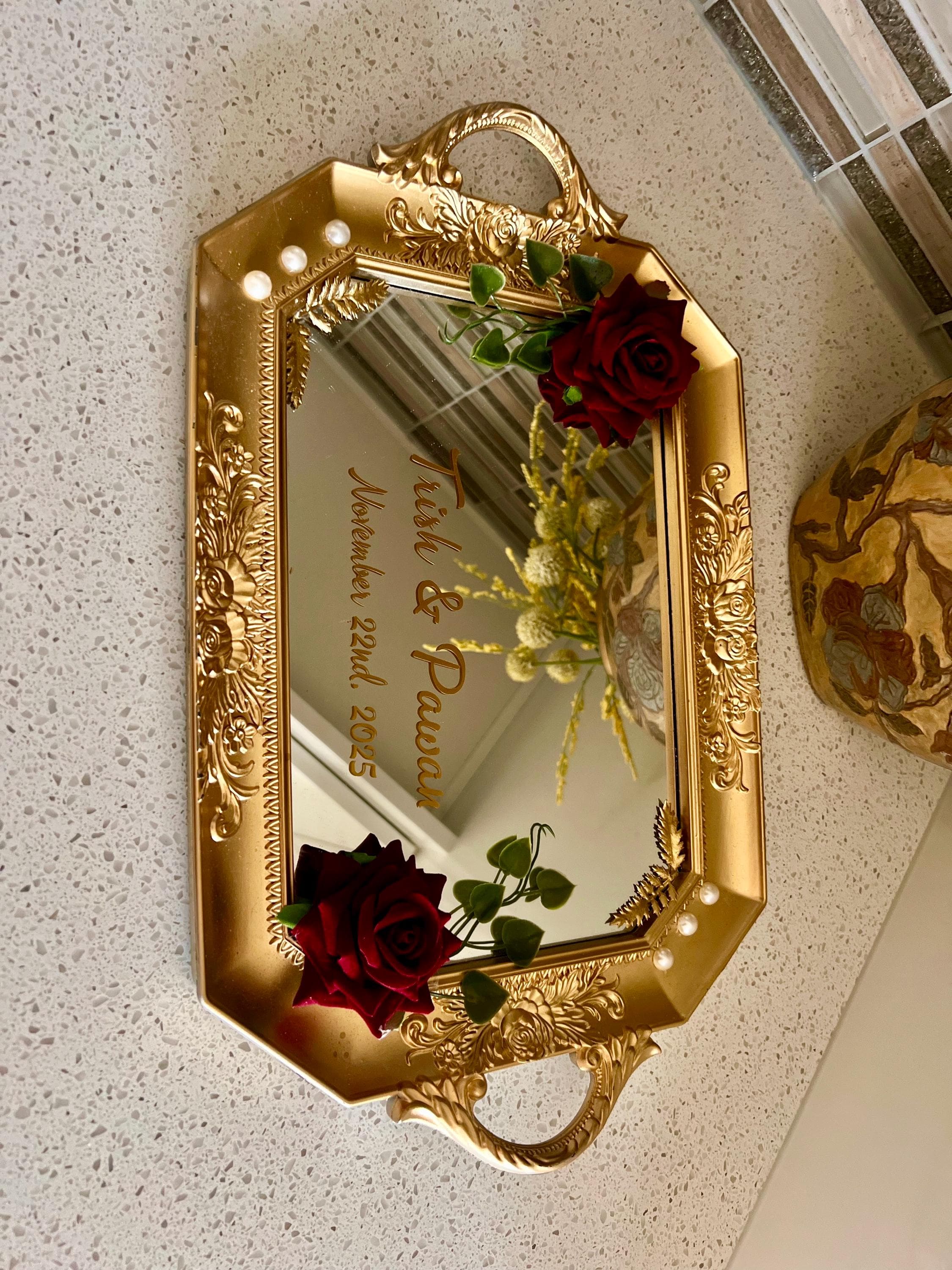 Custom Gold Ring Tray - with Maroon flowers - Wedding Decor - image 5