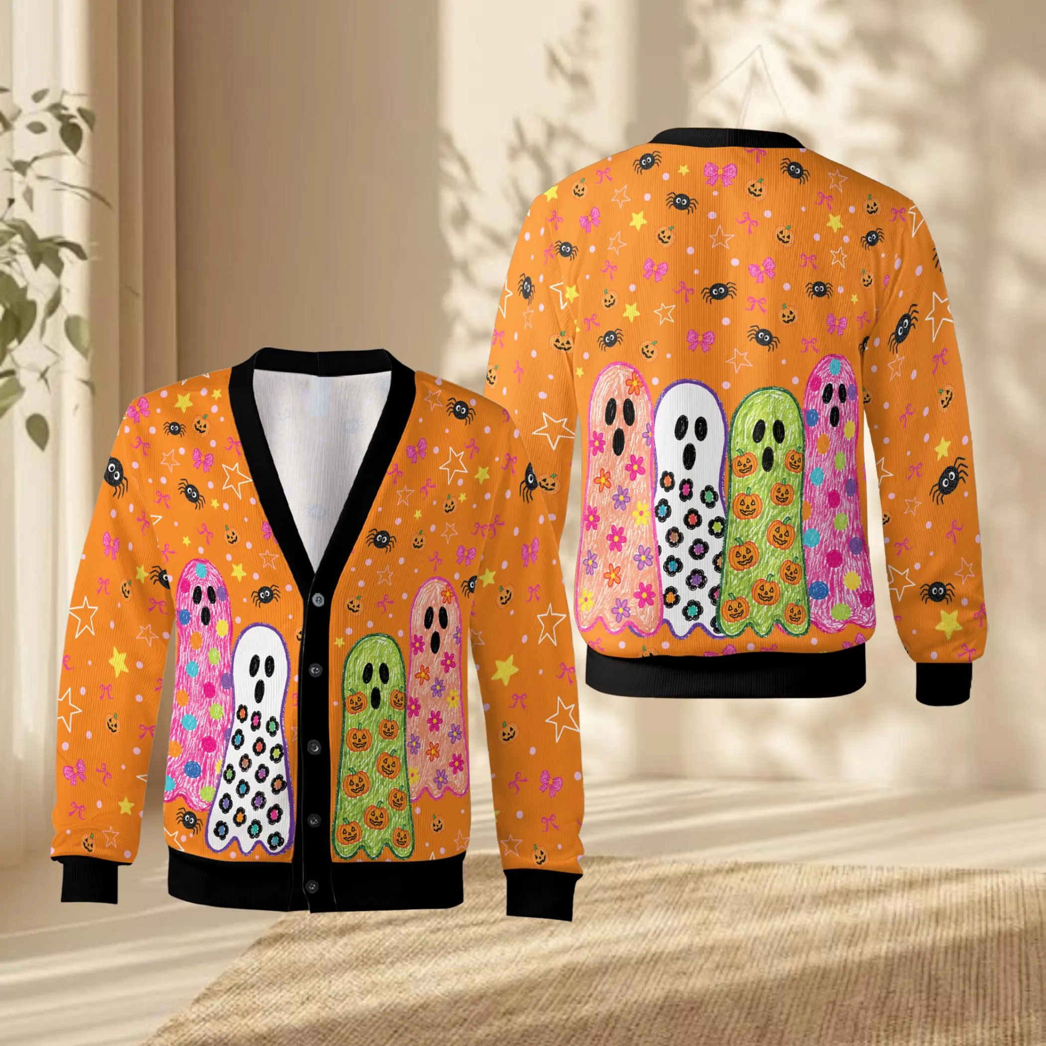 Colorful Doodle Ghost Cardigan, Halloween Knitted Sweater with Bows and Stars, Spooky Cute Pumpkin Outerwear, Unisex Fall Holiday Fashion - image 5
