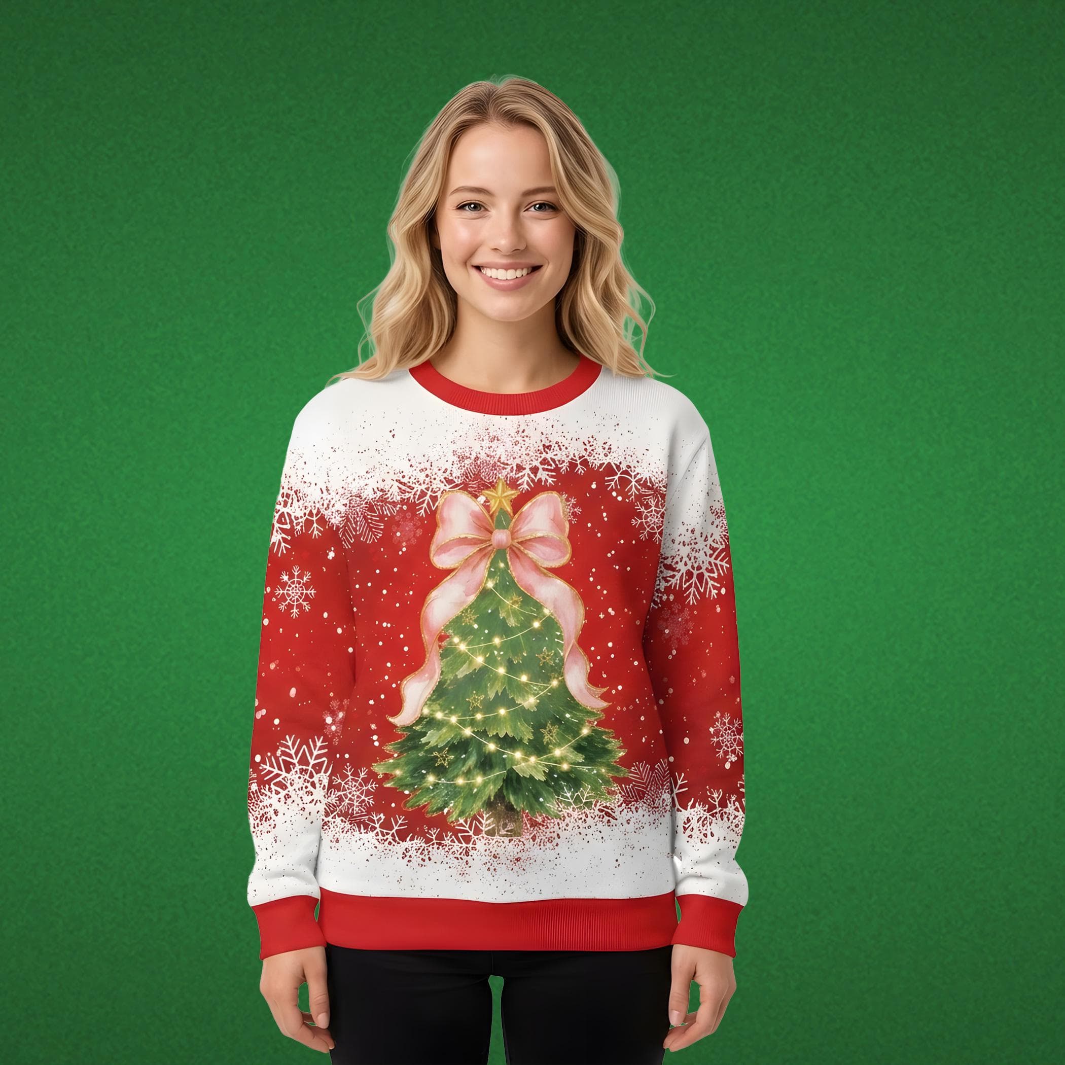 Watercolor Christmas Tree Shirt, Pink Ribbon Bow Holiday Sweater, Red Snowflake Xmas Pullover, Festive Winter Gift for Him and Her - image 5