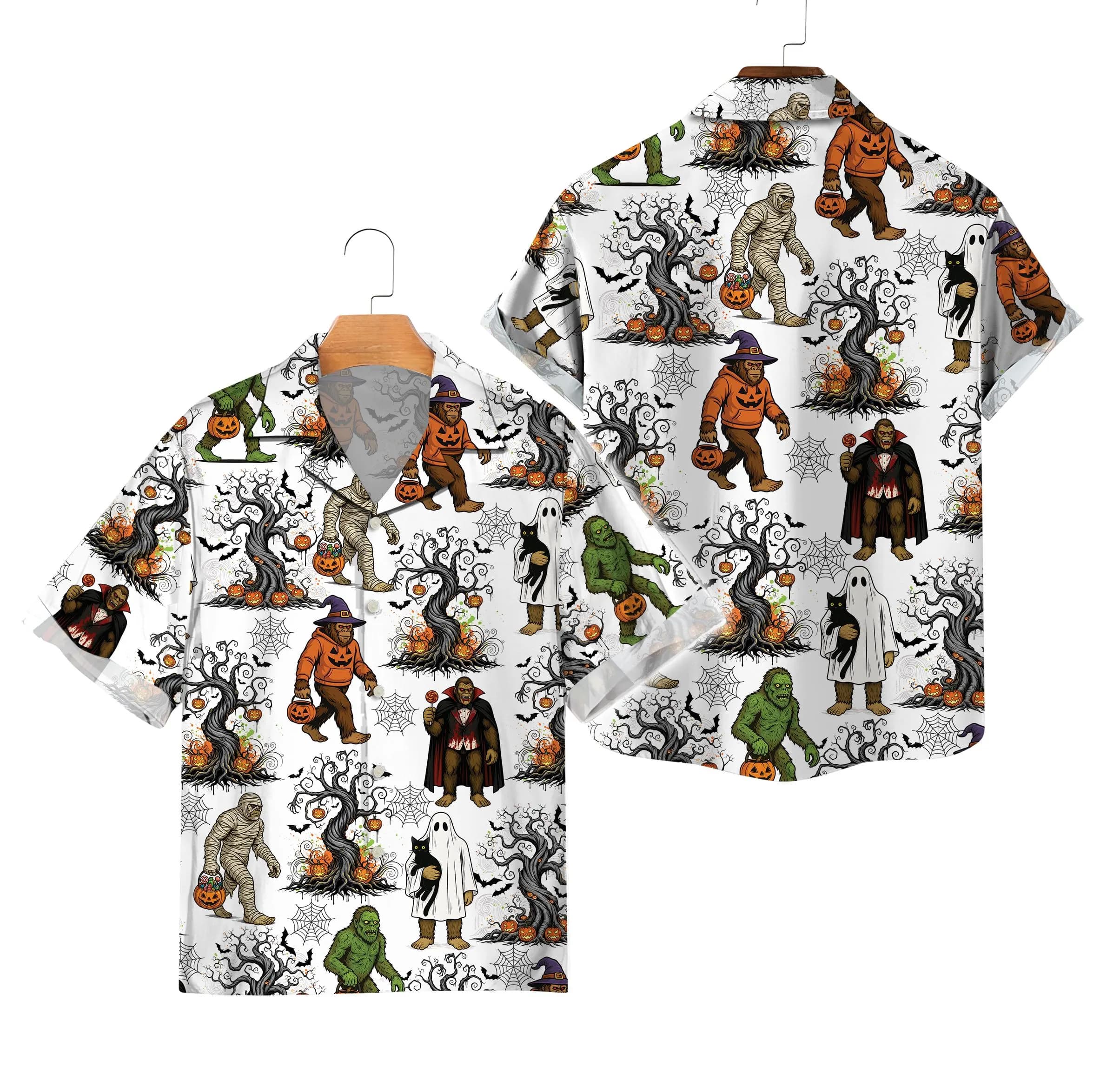 Funny Bigfoot Halloween Hawaiian Shirt, Vampire Mummy Sasquatch Spooky Season Shirt, Matching Trick Or Treat Bigfoot Cryptid Lover Gift - image 4