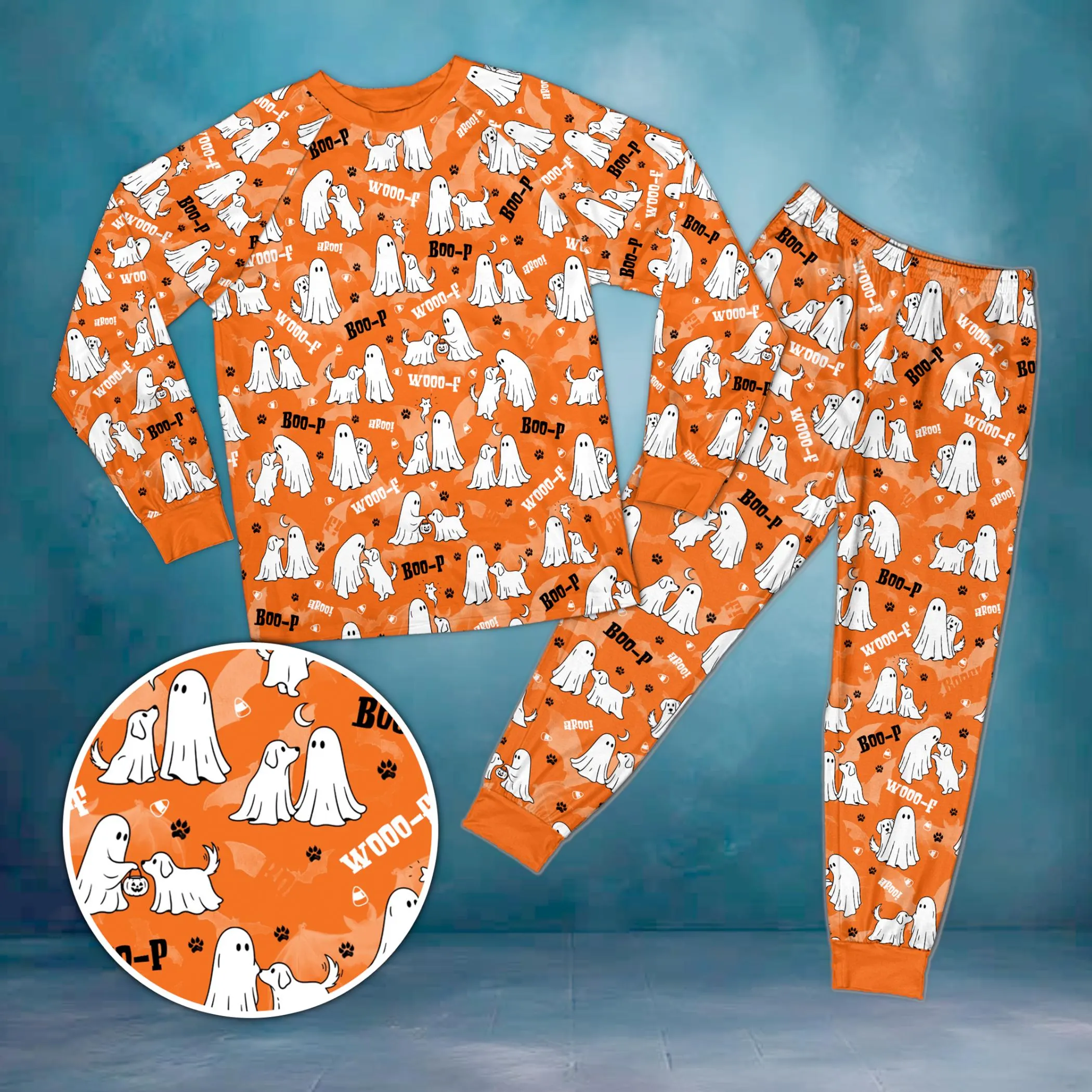 Spooky Ghost Dog Pajama Set, Halloween Ghost Puppy PJs, Cute Ghost Pattern Sleepwear, Long Sleeve Halloween Loungewear, Unisex Family PJs - image 5