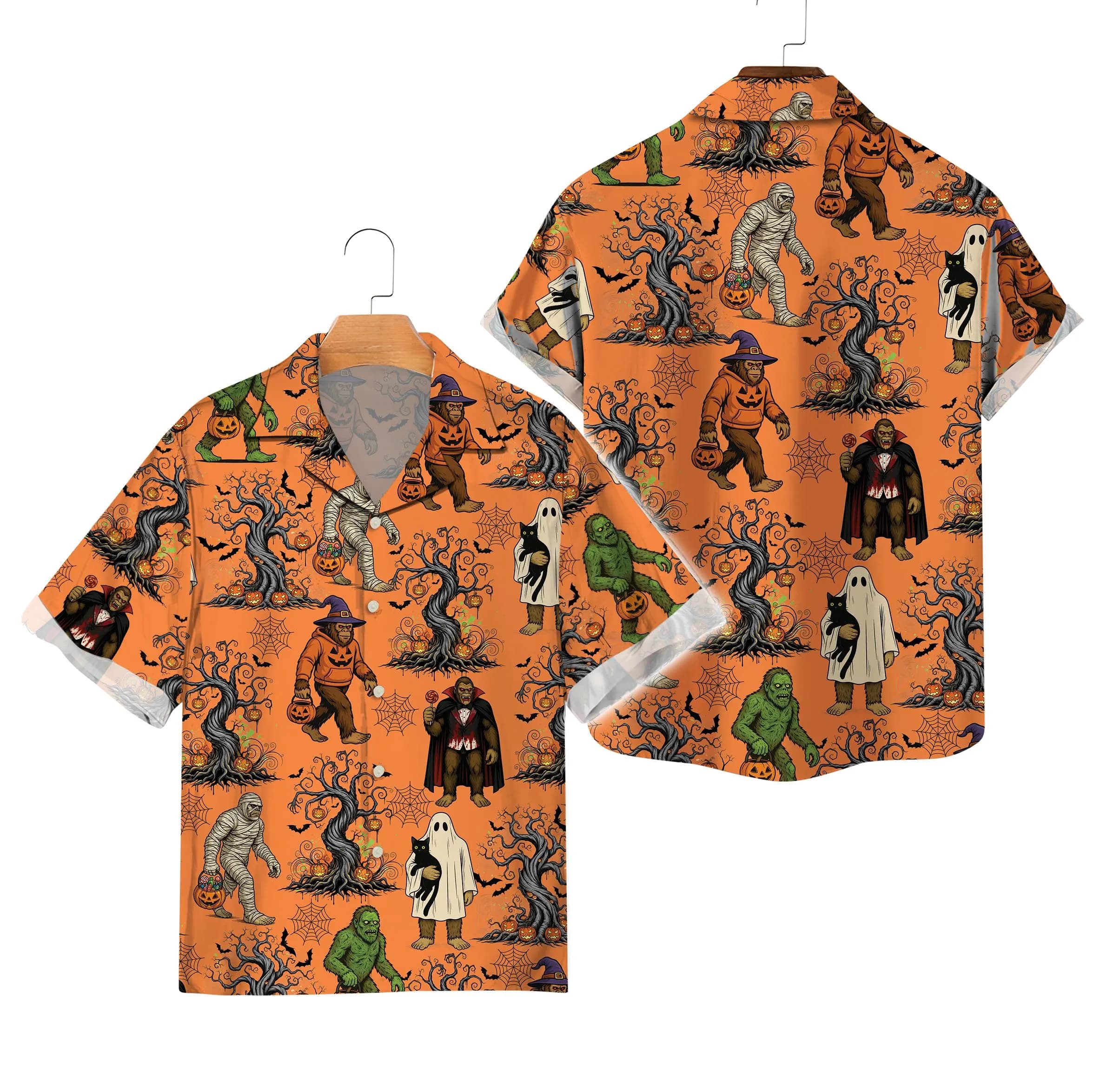 Funny Bigfoot Halloween Hawaiian Shirt, Vampire Mummy Sasquatch Spooky Season Shirt, Matching Trick Or Treat Bigfoot Cryptid Lover Gift