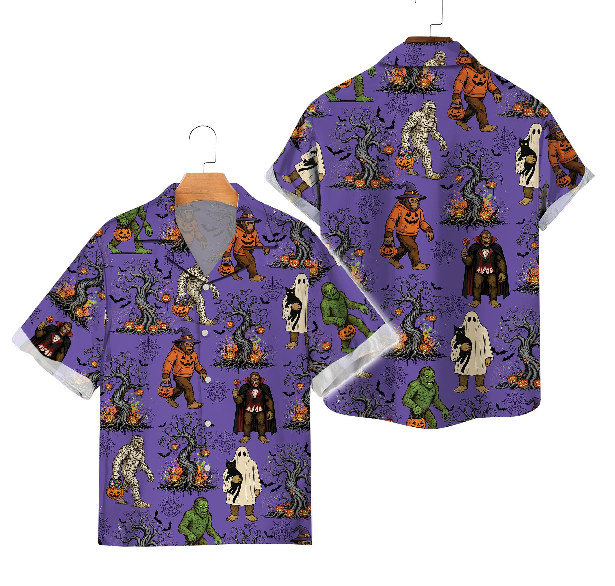 Funny Bigfoot Halloween Hawaiian Shirt, Vampire Mummy Sasquatch Spooky Season Shirt, Matching Trick Or Treat Bigfoot Cryptid Lover Gift - image 3