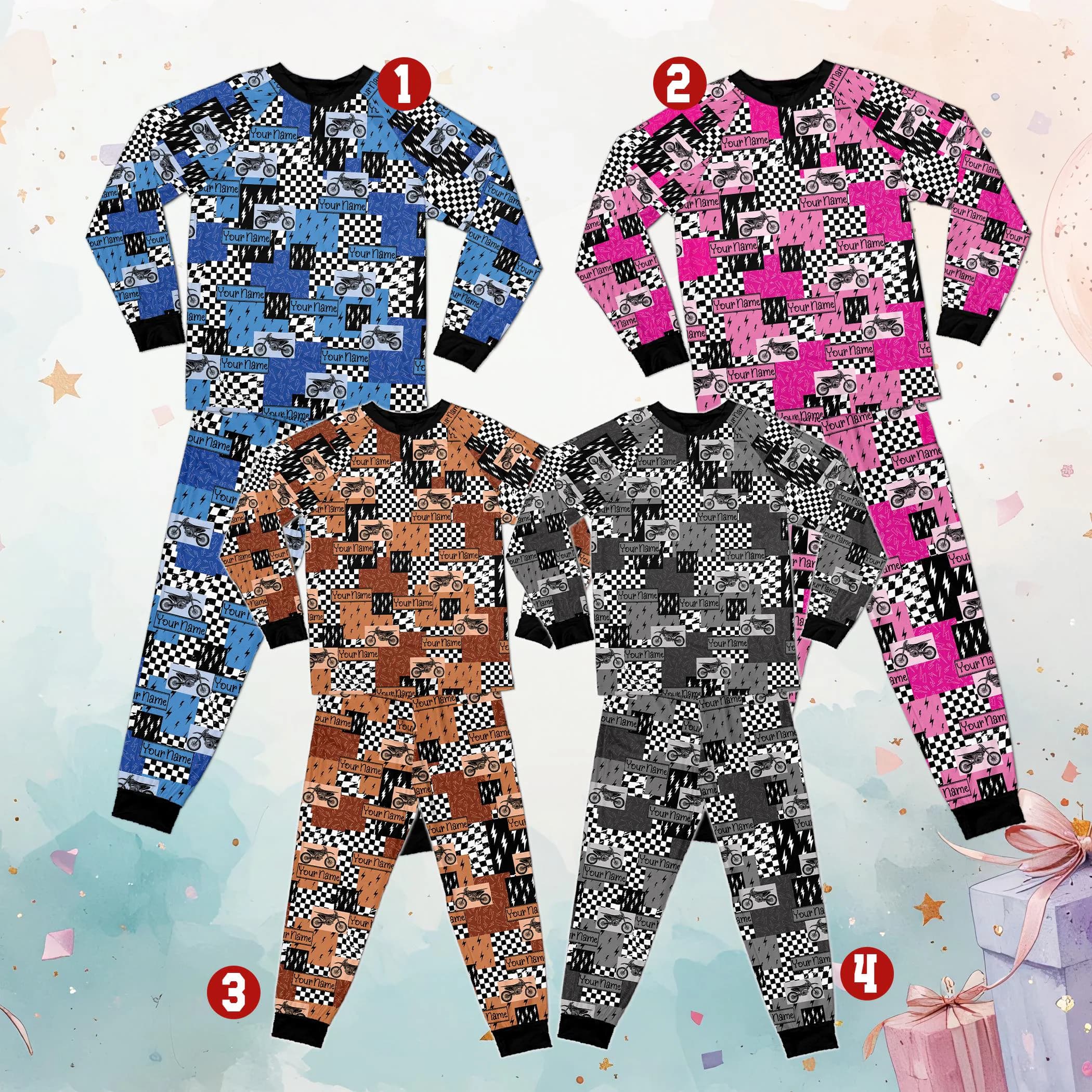 Personalized Motocross Pajamas Kids, Custom Name Dirt Bike PJ Set, Racing Sleepwear Outfit, BMX Rider Gift, Kids Birthday Gift Pajamas
