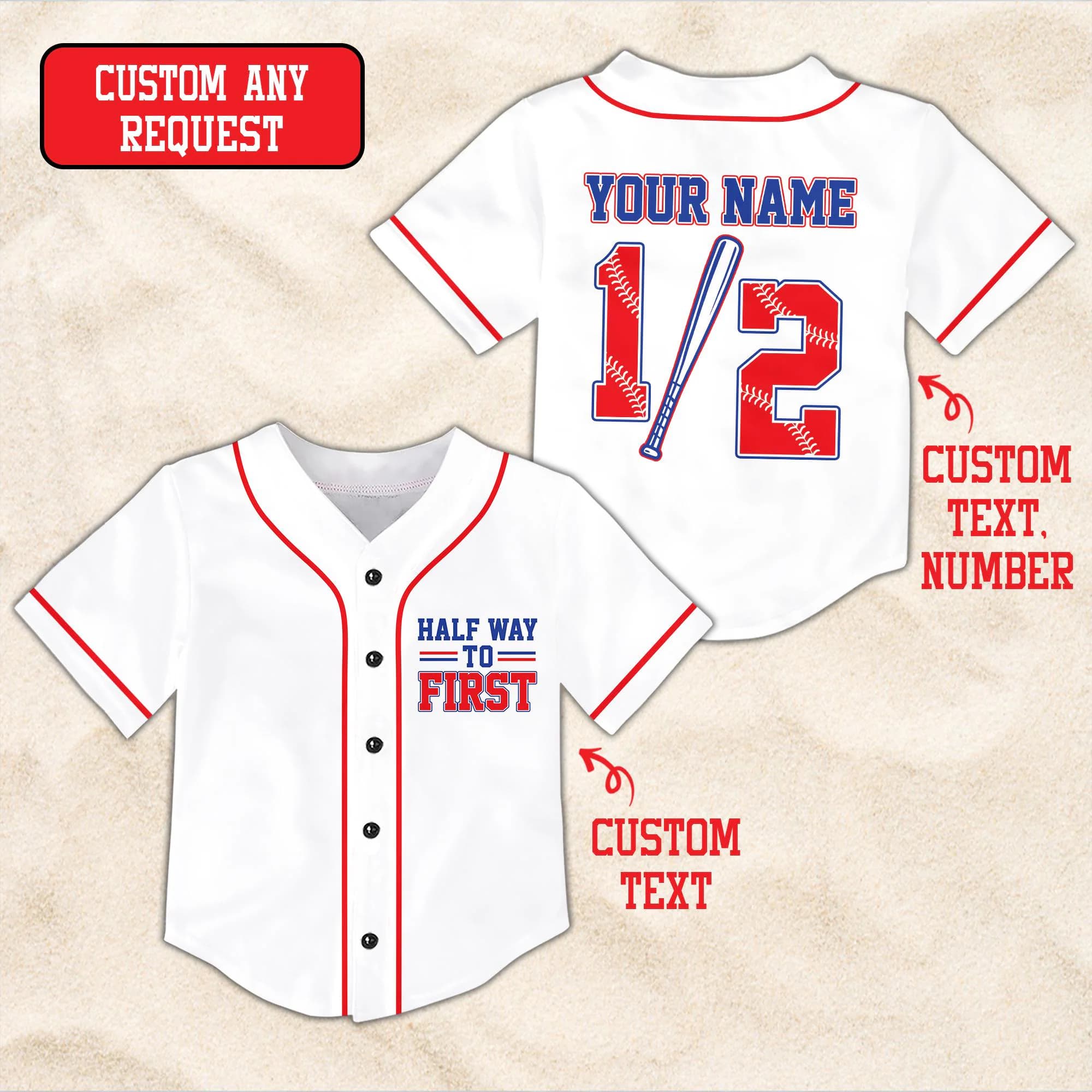 Personalized Half Way To First Baby Jersey, Custom Name Number Baseball Jersey, 6 Month Half Birthday Milestone Outfit for Baby - image 5