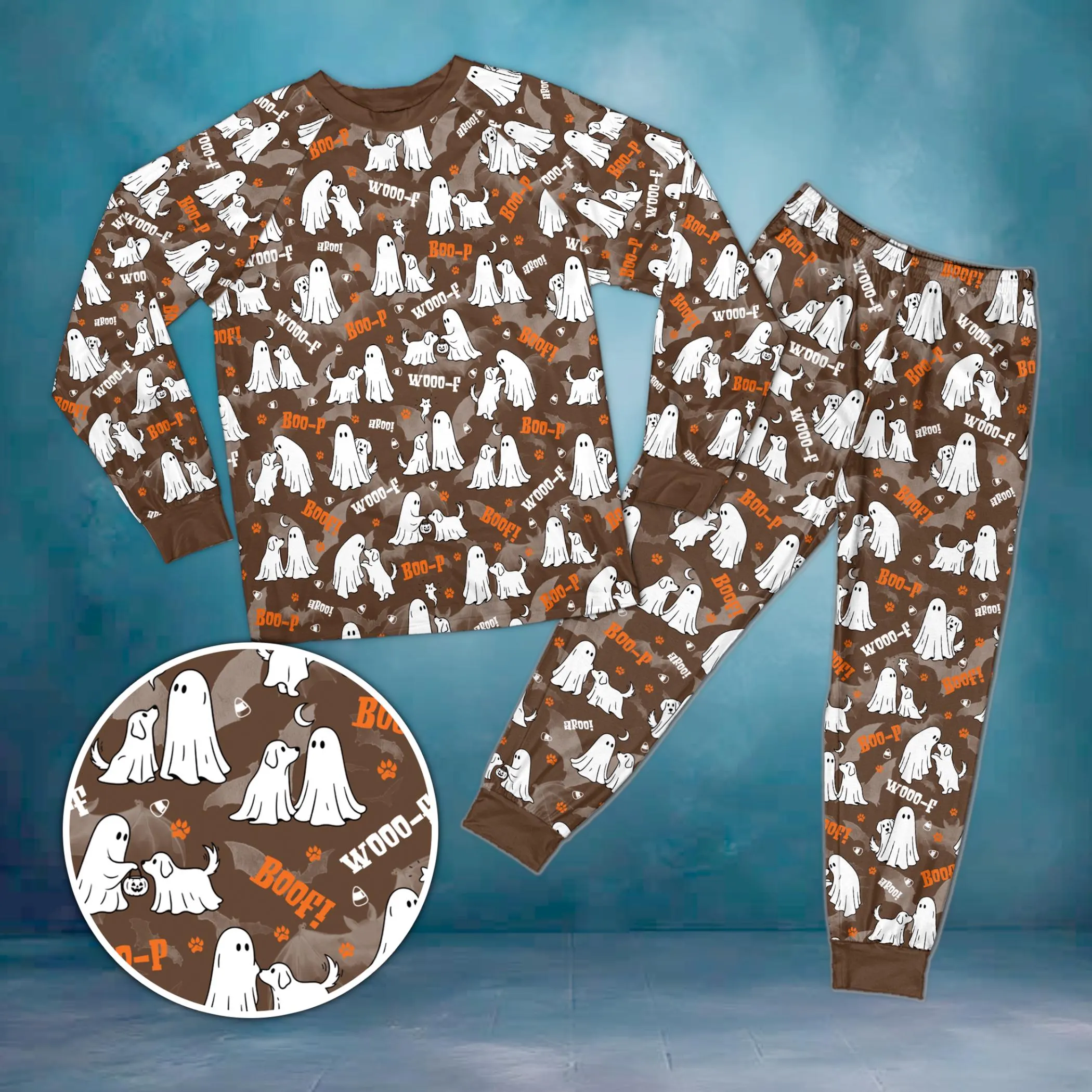 Spooky Ghost Dog Pajama Set, Halloween Ghost Puppy PJs, Cute Ghost Pattern Sleepwear, Long Sleeve Halloween Loungewear, Unisex Family PJs