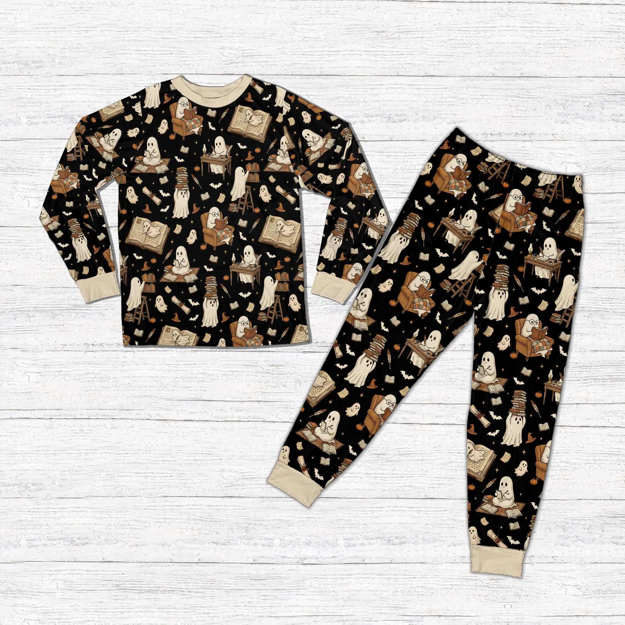 Ghost Book Pajamas, Halloween Reading Pajama Set, Cute Spooky Book Lover Sleepwear for Kids Adults Family