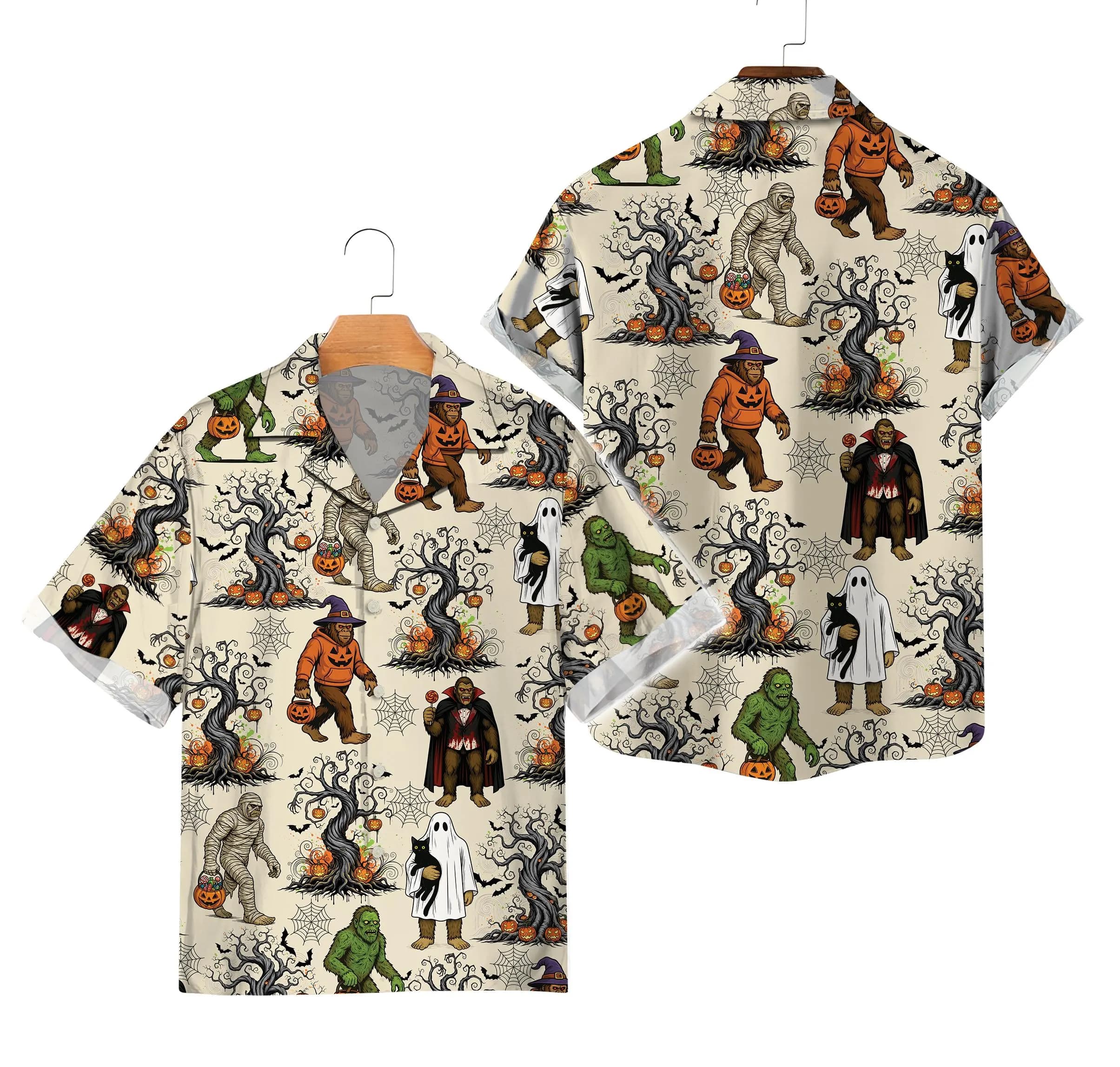 Funny Bigfoot Halloween Hawaiian Shirt, Vampire Mummy Sasquatch Spooky Season Shirt, Matching Trick Or Treat Bigfoot Cryptid Lover Gift - image 5
