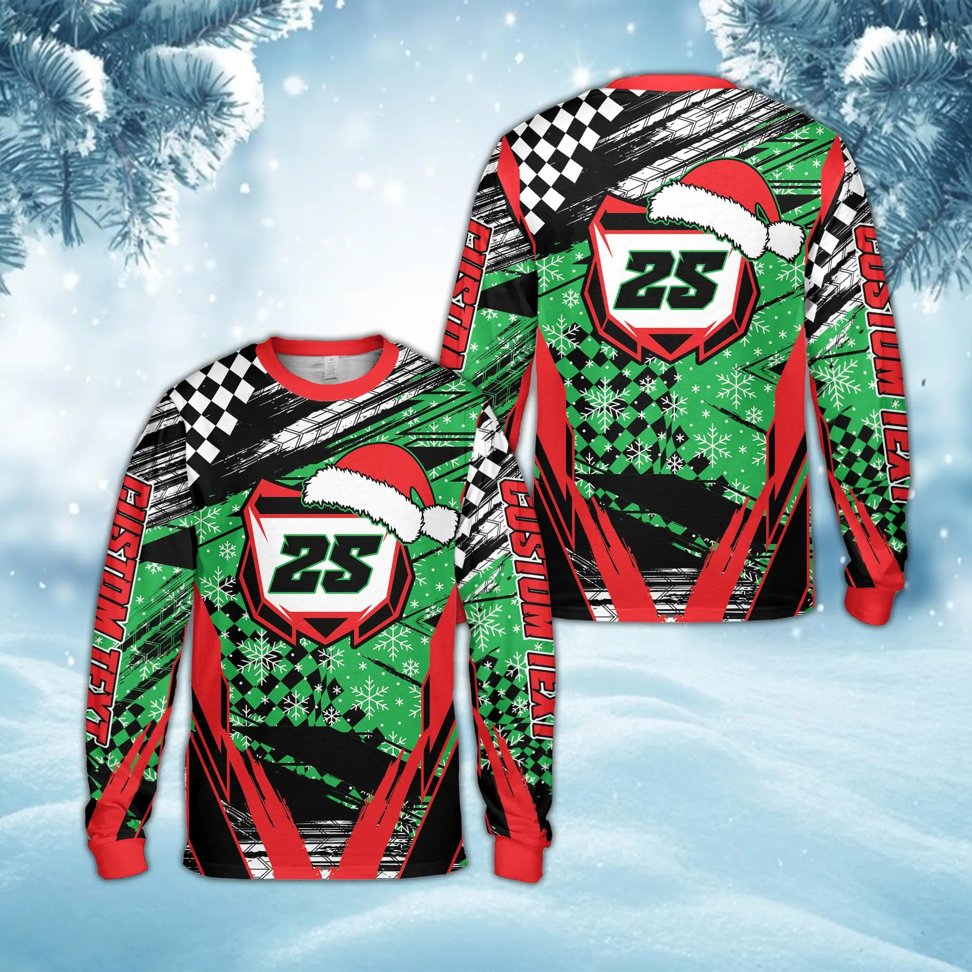 Custom Christmas Dirt Bike Long Sleeve Shirt, Personalized Rider's Name Number Plate Shirt, Motocross Xmas Off-Road Racing, Santa Dirt Bike