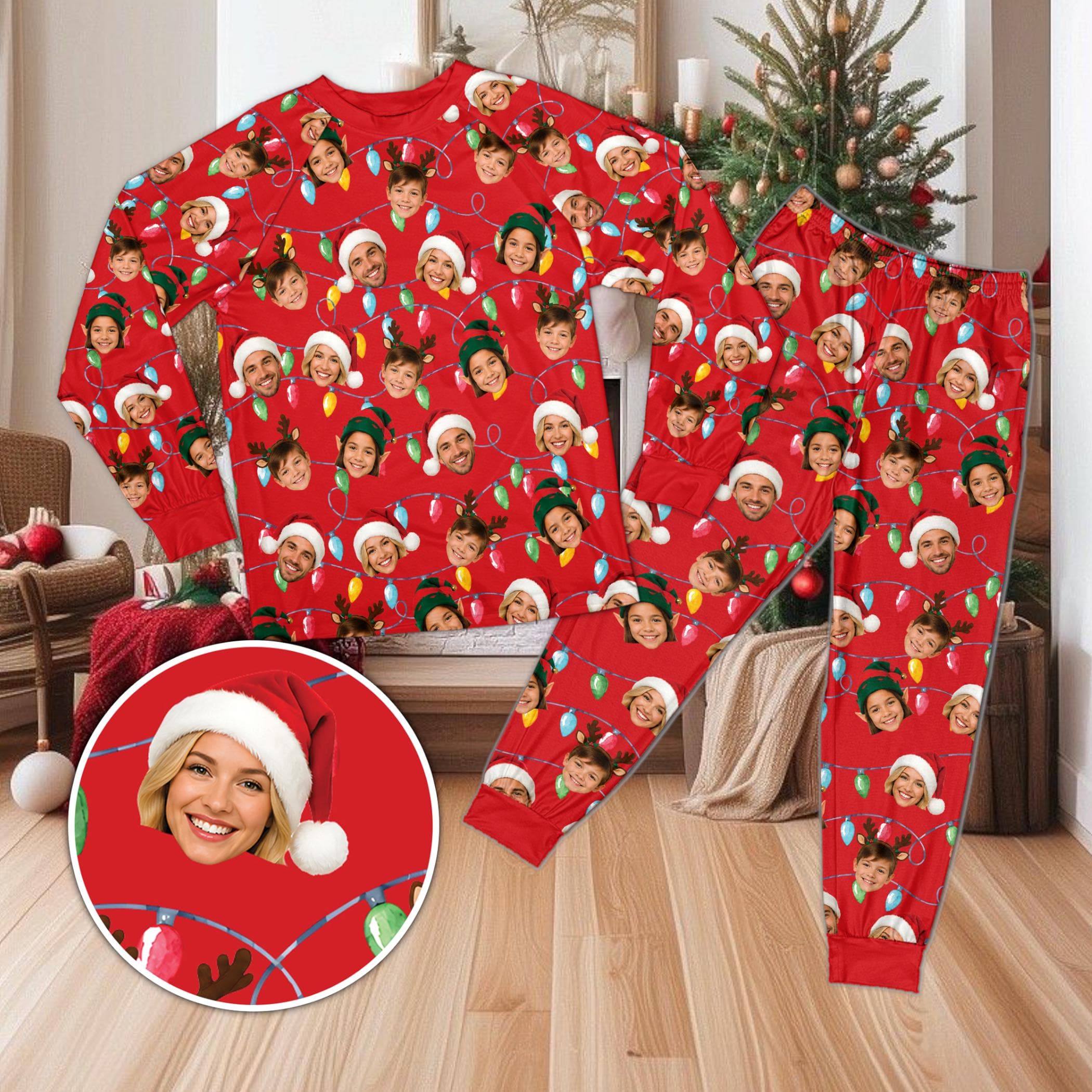 Custom Christmas Lights Pajamas, Personalized Santa Reindeer Elf PJ Set, Custom Face Sleepwear for Family, Holiday Loungewear, Xmas Gift - image 4