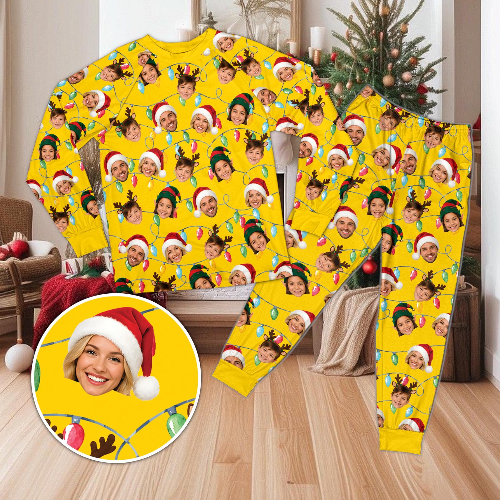 Custom Christmas Lights Pajamas, Personalized Santa Reindeer Elf PJ Set, Custom Face Sleepwear for Family, Holiday Loungewear, Xmas Gift
