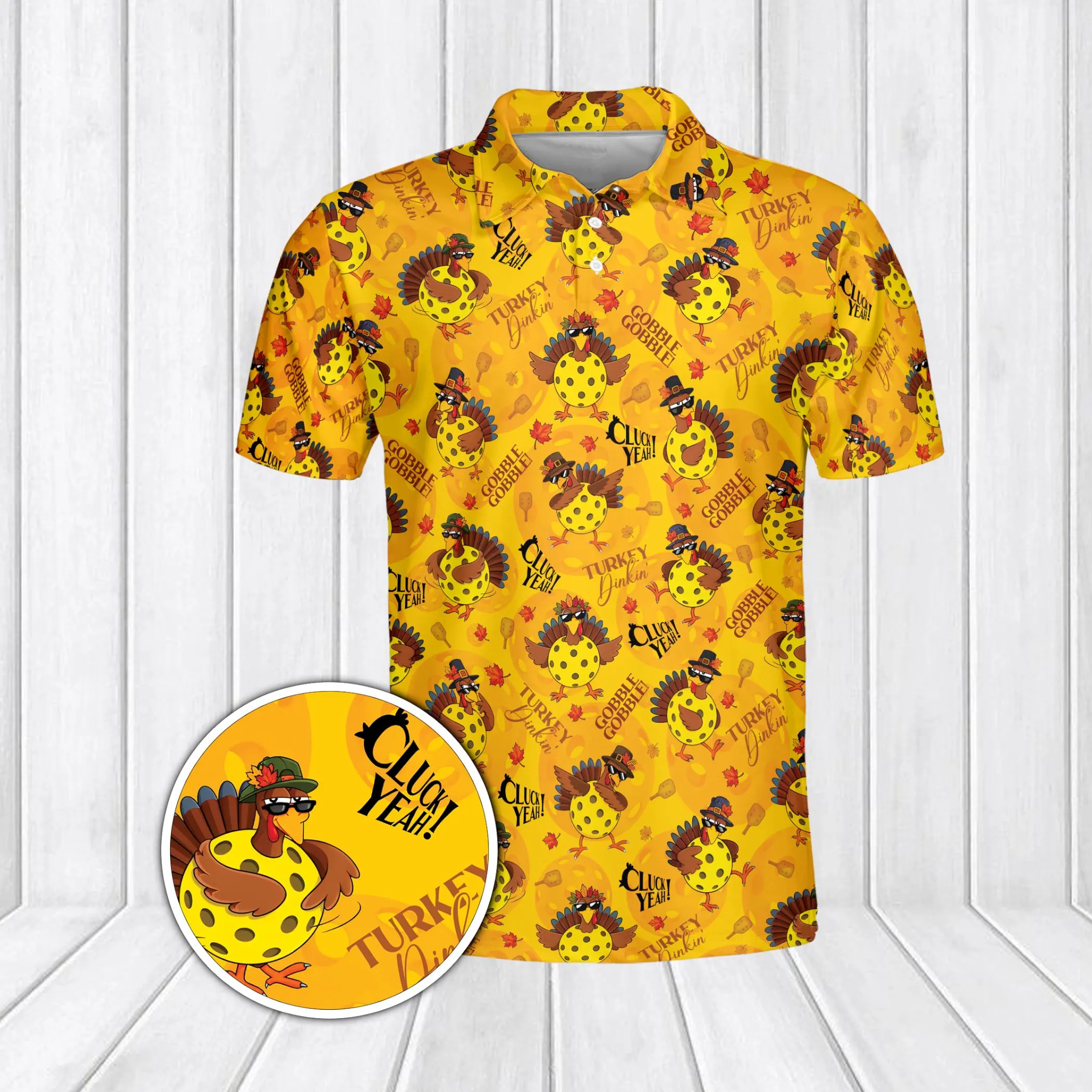 Thanksgiving Turkey Polo for Pickleball Lovers, Fun Holiday Graphic Performance Shirt, Cluck Yeah Turkey Pattern, Unique Fall Sportswear - image 3