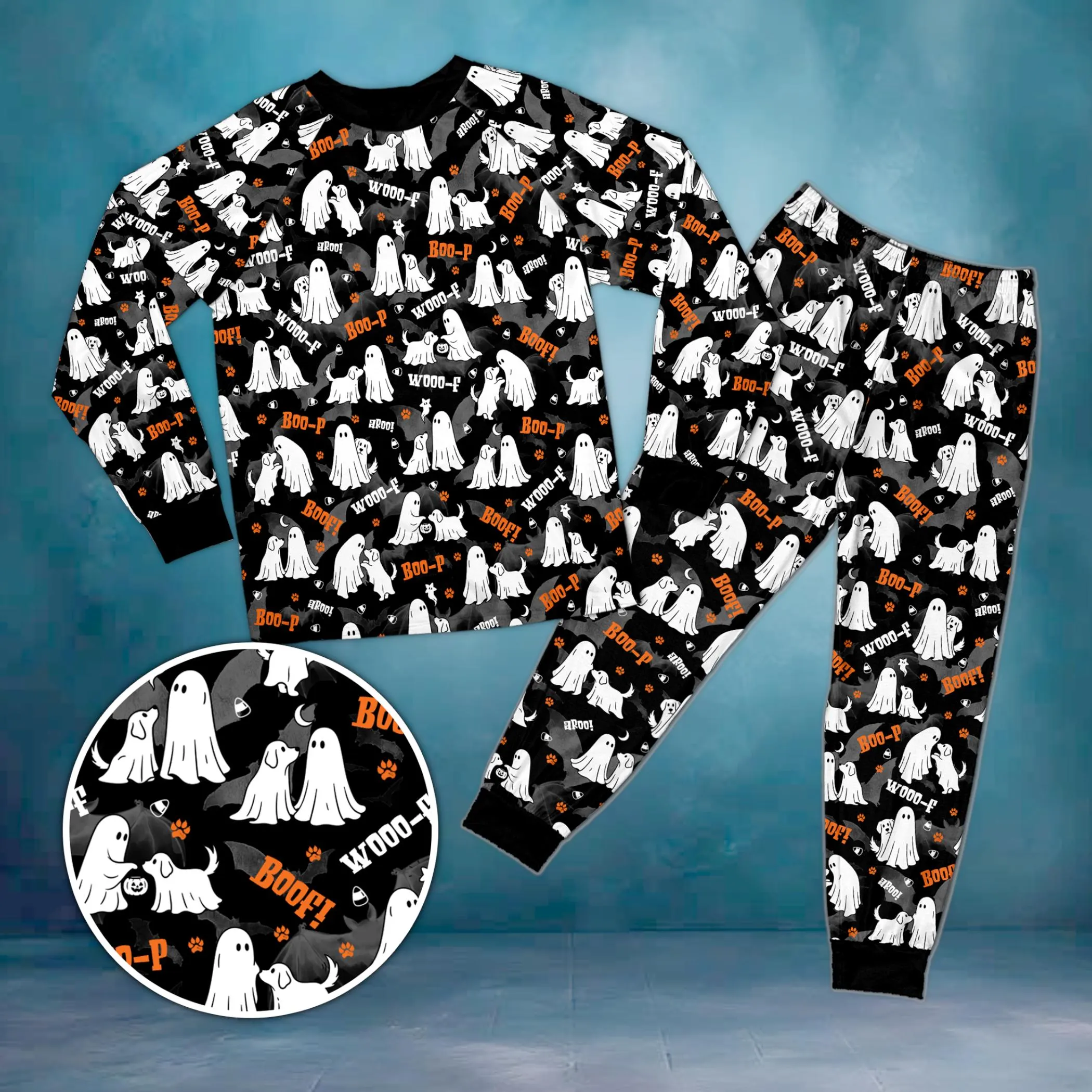 Spooky Ghost Dog Pajama Set, Halloween Ghost Puppy PJs, Cute Ghost Pattern Sleepwear, Long Sleeve Halloween Loungewear, Unisex Family PJs - image 4